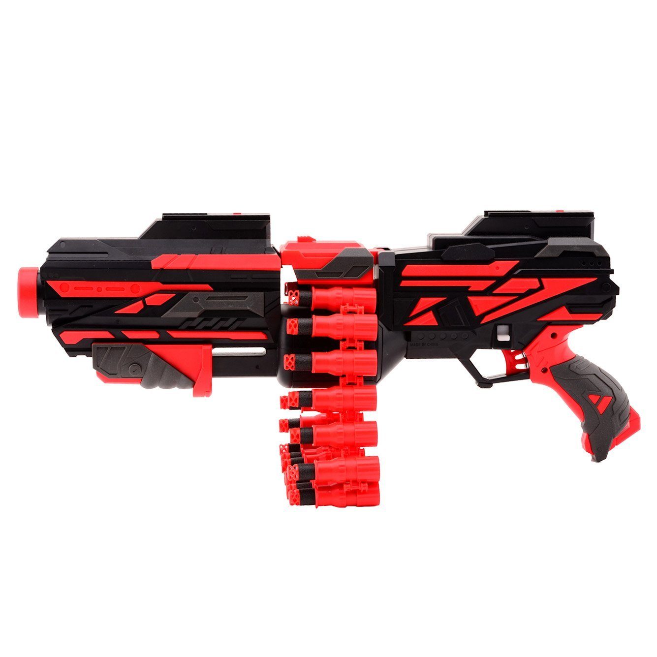 JOHNTOY Blaster Dartblaster Serve and Protect Big Shooter 50cm, Pump-Action-Blaster in schwarz rotem futuristischem Design.