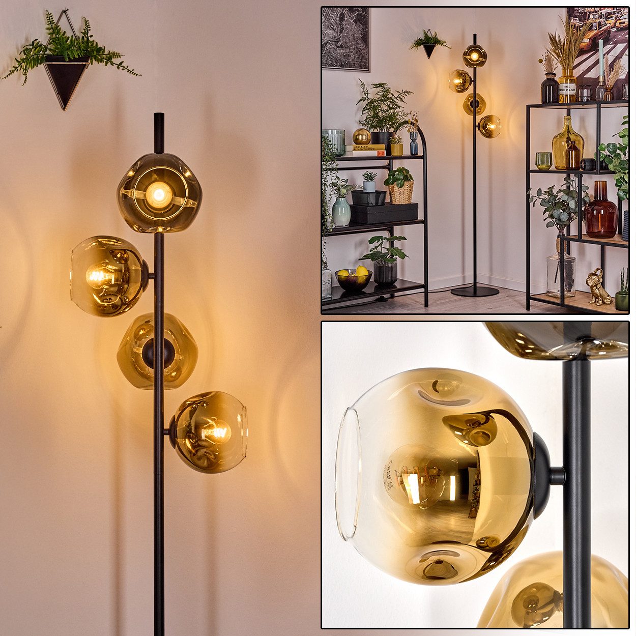 Stehlampe Stehlampe aus Metall/Glas in Schwarz/Gold/Klar, Retro/Vintage-Design