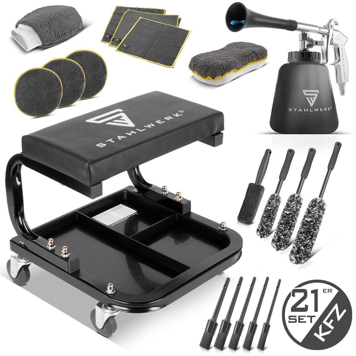 STAHLWERK Werkzeugwagen Reinigungsset Kfz Detailing mit Rollhocker Tornado-Reinigungspistole