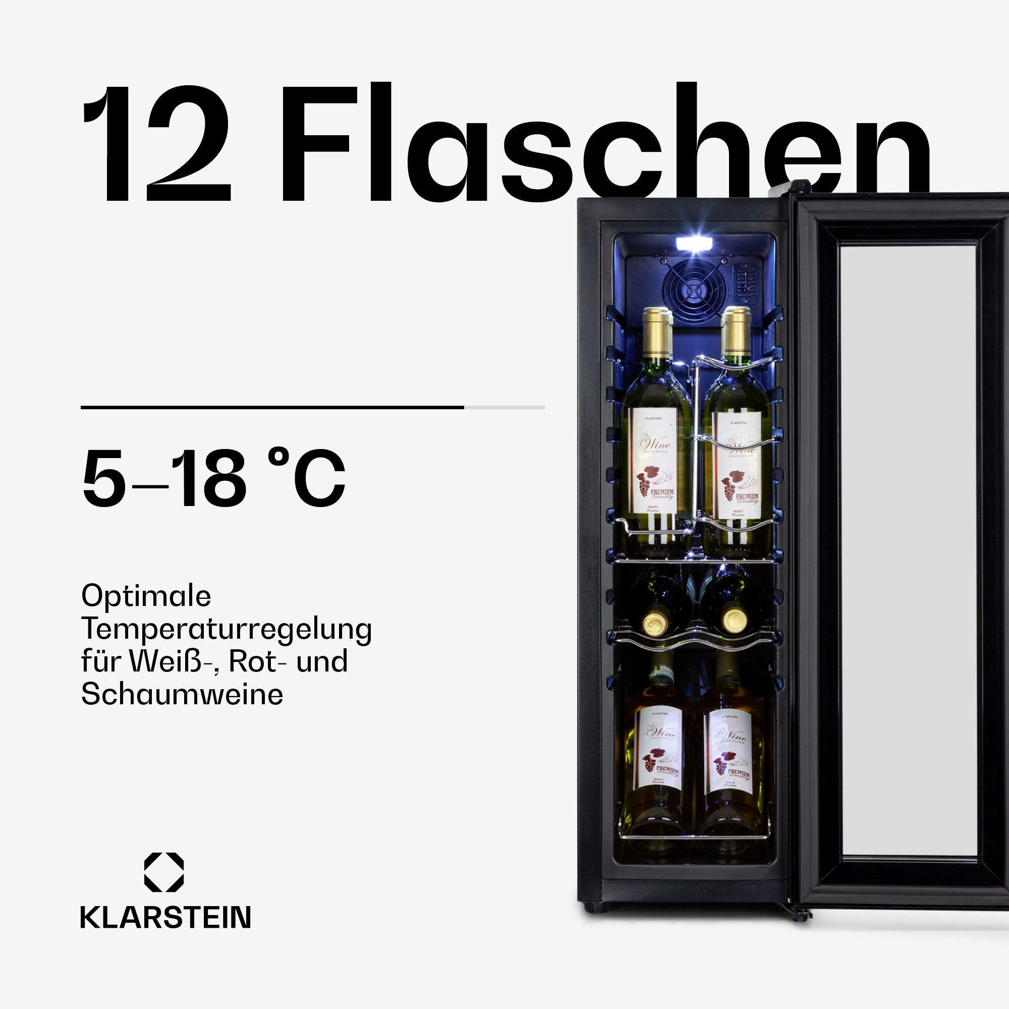 Klarstein Weinkühlschrank Shiraz 12 Slim Uno Weinkühlschrank 12 Flaschen 32L 1 Zone 5-18°C, für 12 Standardflaschen á 0,75l,Wein Flaschenkühlschrank Weintemperi – Bild 4 von 5