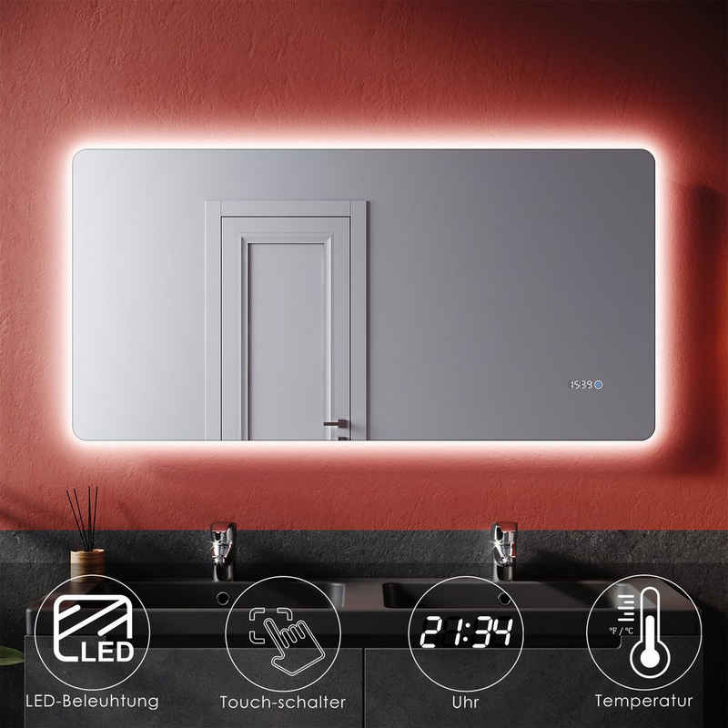 SONNI Badspiegel Badezimmerspiegel mit LED-Beleuchtung 120×60 cm Wandspiegel,Touch, Uhrzeit, Temperatur,kaltweißes Licht,IP44
