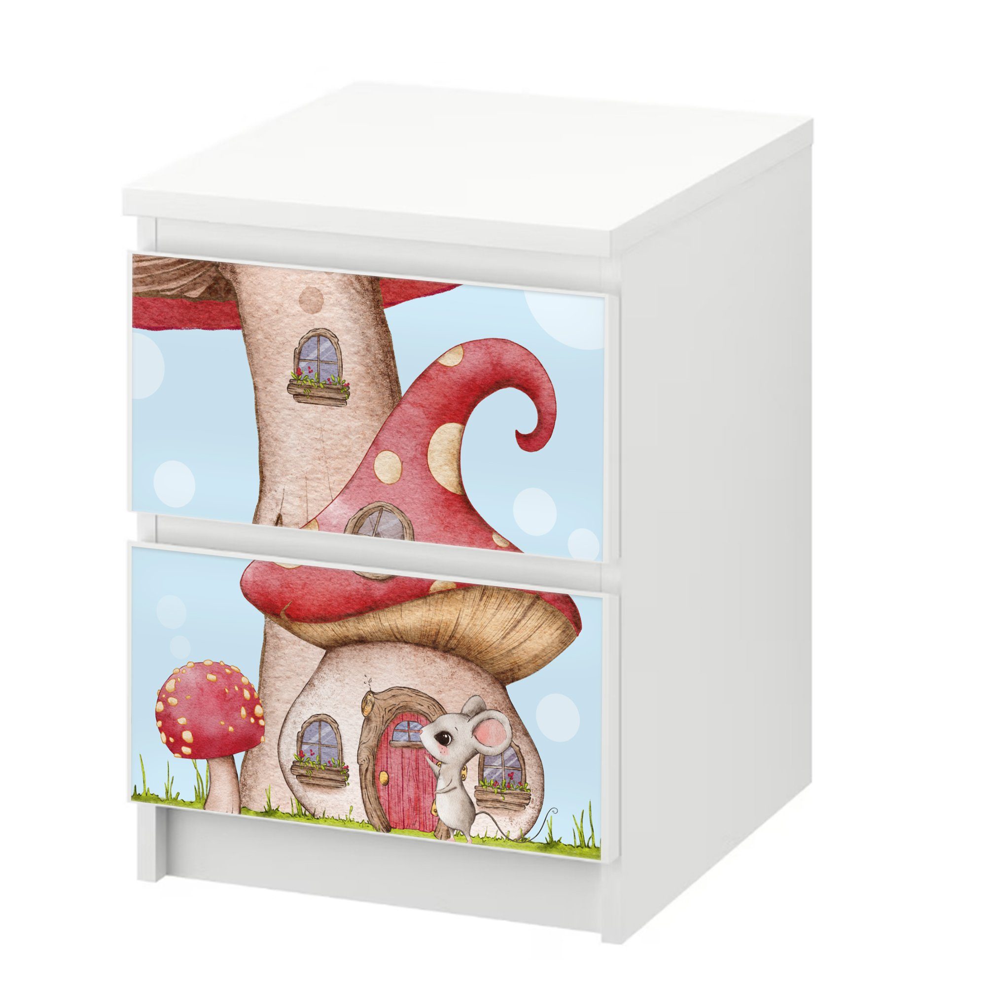 Sunnywall Möbelfolie passend für IKEA Malm Kommode Schrankfolie Aufkleber Mäuse mit Pilzen, blasenfreie selbstklebende Folie (SCHRANK NICHT INKLUSIVE)