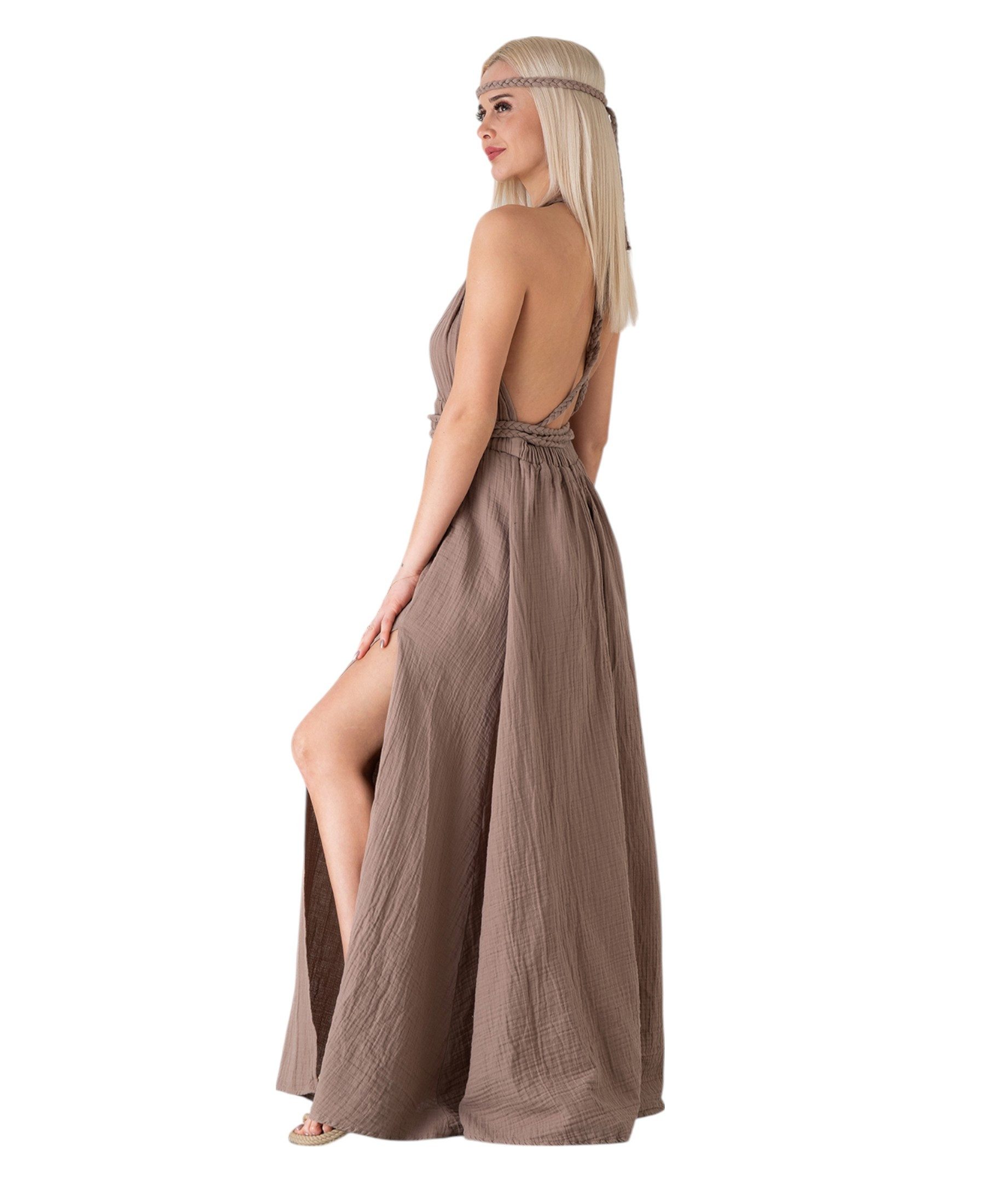 WENOR Sommerkleid mit V-Ausschnitt Bindegürtel & Rückenträger 100% Baumwolle Musselin (1-tlg) rückenfrei mit geflochtenen Trägern, luftiger Boho-Look