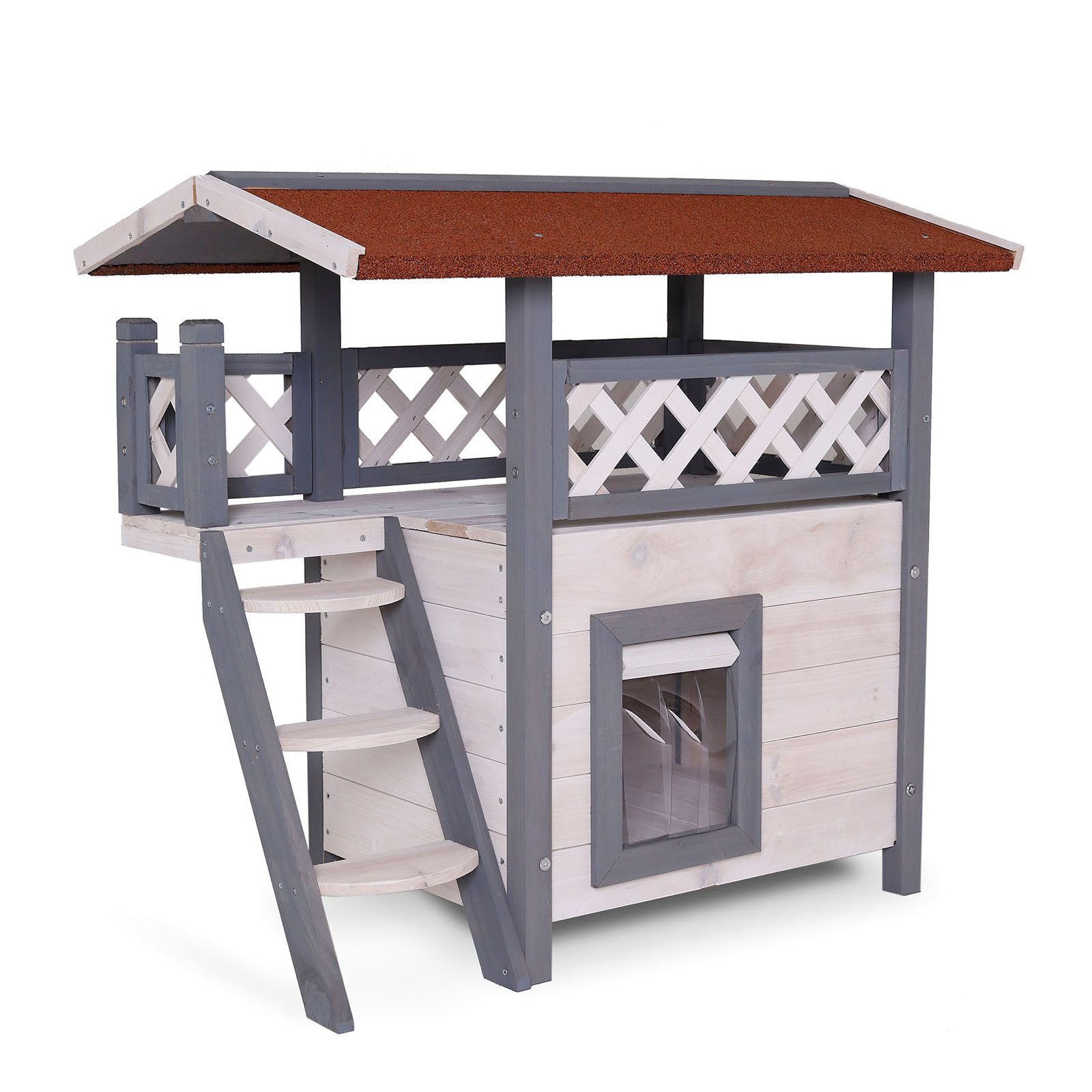 lionto Tierhaus für Katzen, überdachte Veranda & Windschutz, Katzenhaus wetterfest & robust