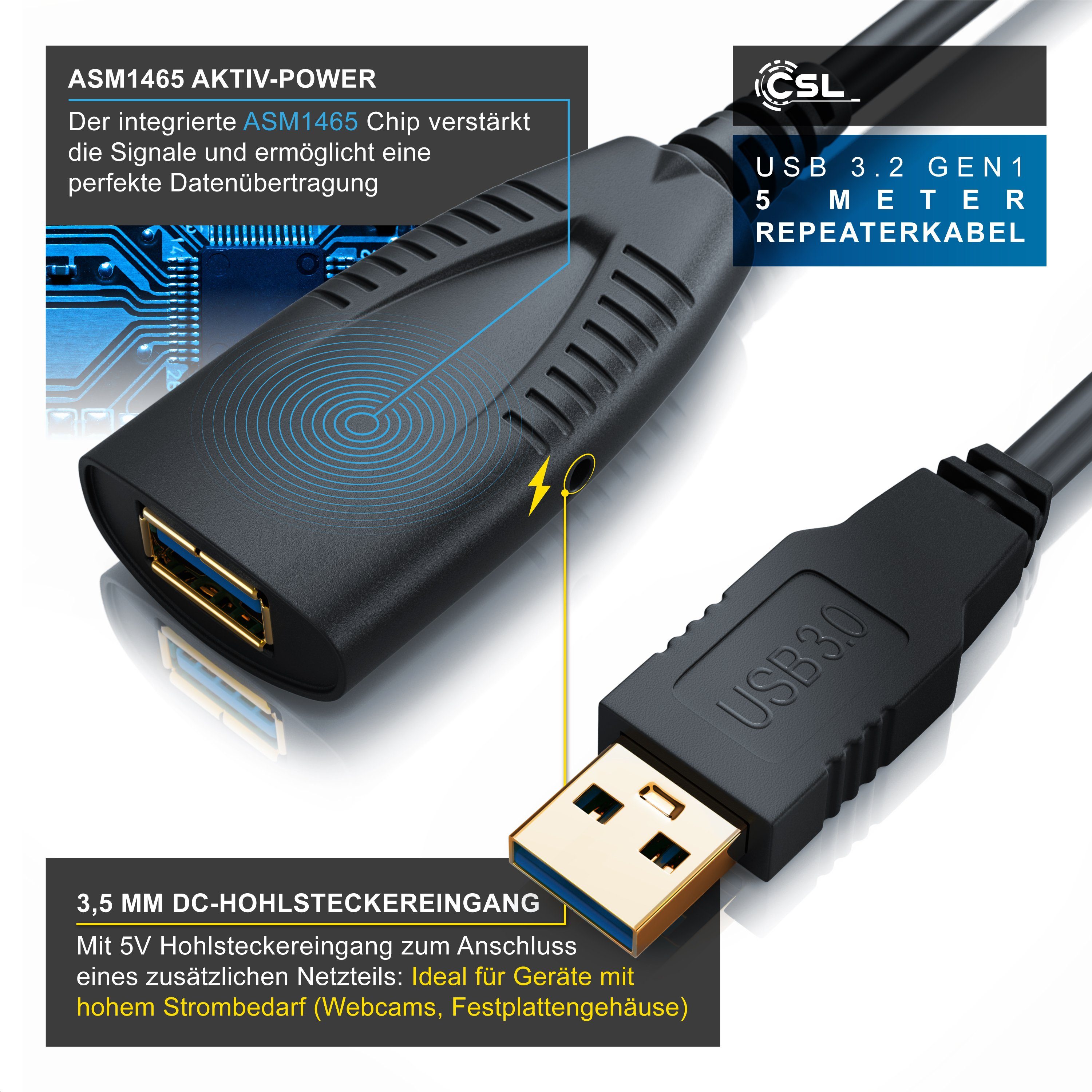 CSL Aktives Repeater Kabel mit Signalverstärkung - 5m Verlängerungskabel, USB 3.0 Typ A (500 cm), für Drucker, Scanner, Webcam, USB-Stick, verlustfreie Übertrag – Bild 5 von 5