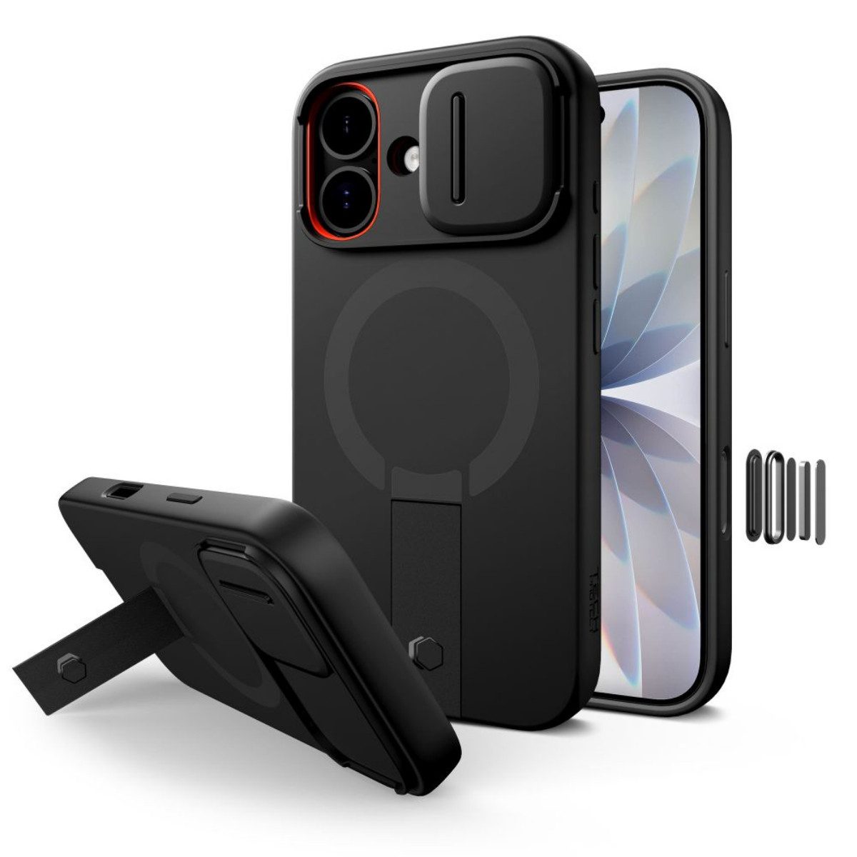 TECH PROTECT Handyhülle Kevlar Aura mit Magnetfunktion Kompatibel mit iPhone 17 Schwarz 6,1, 360° Schutz mit Kameraabdeckung und Ständerfunktion