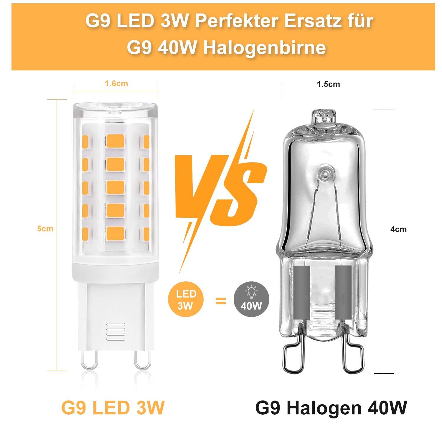 Glühbirne G9, 3W 10 LED-Leuchtmittel Dimmbar, Nicht Kein Flackern Energiesparlampe warmweiß St., ZMH