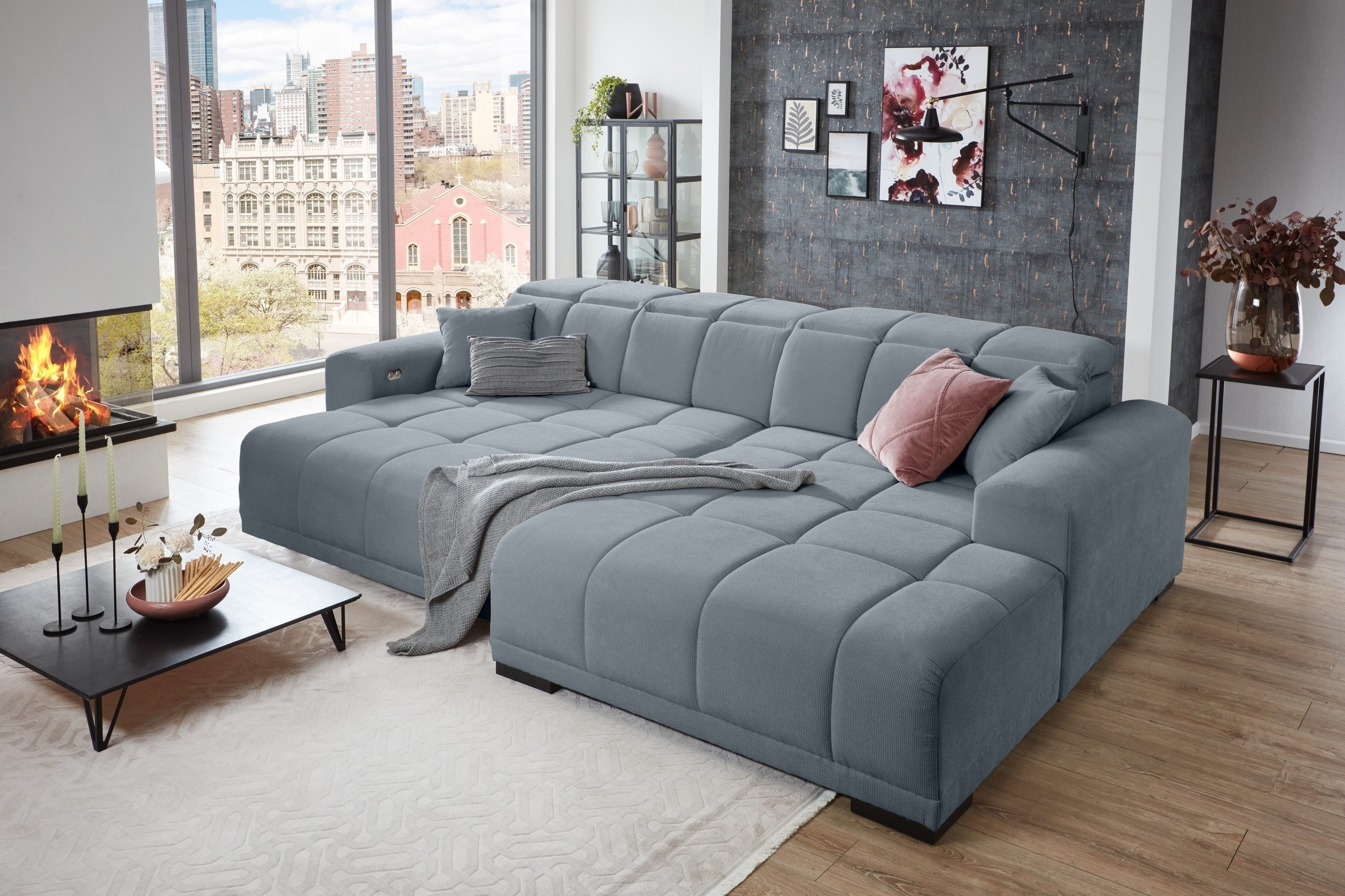 Iwaniccy Wohnlandschaft Kopfteilverstellung, Sitzverstellung, blaugrau - 301x113x195cm (BxHxT)