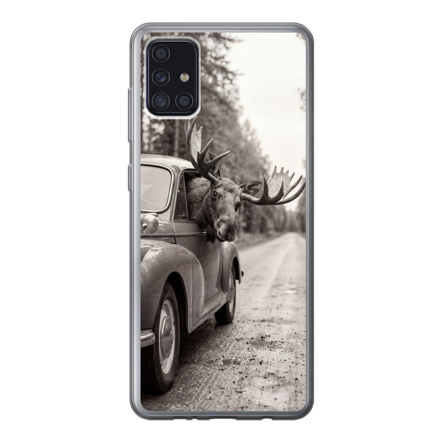 MuchoWow Handyhülle für Samsung Galaxy A52 5G Elch - Auto - Geweih - Schwarz - Weiß, Smartphone-Bumper, Print, Handy Schutzhülle Dünn