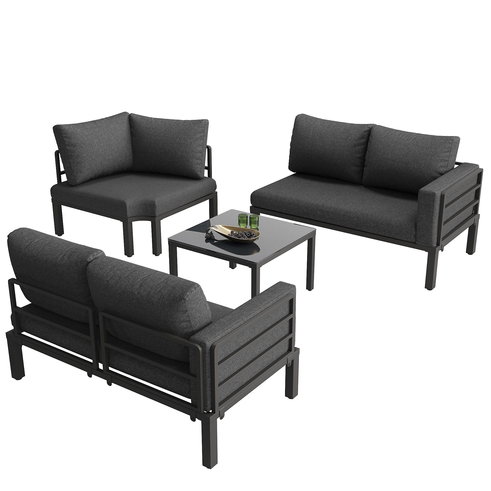 Flieks Gartenlounge-Set, 5-Sitzer Gartenmöbel Gartensofa mit Couchtisch aus gehärtetem Glas