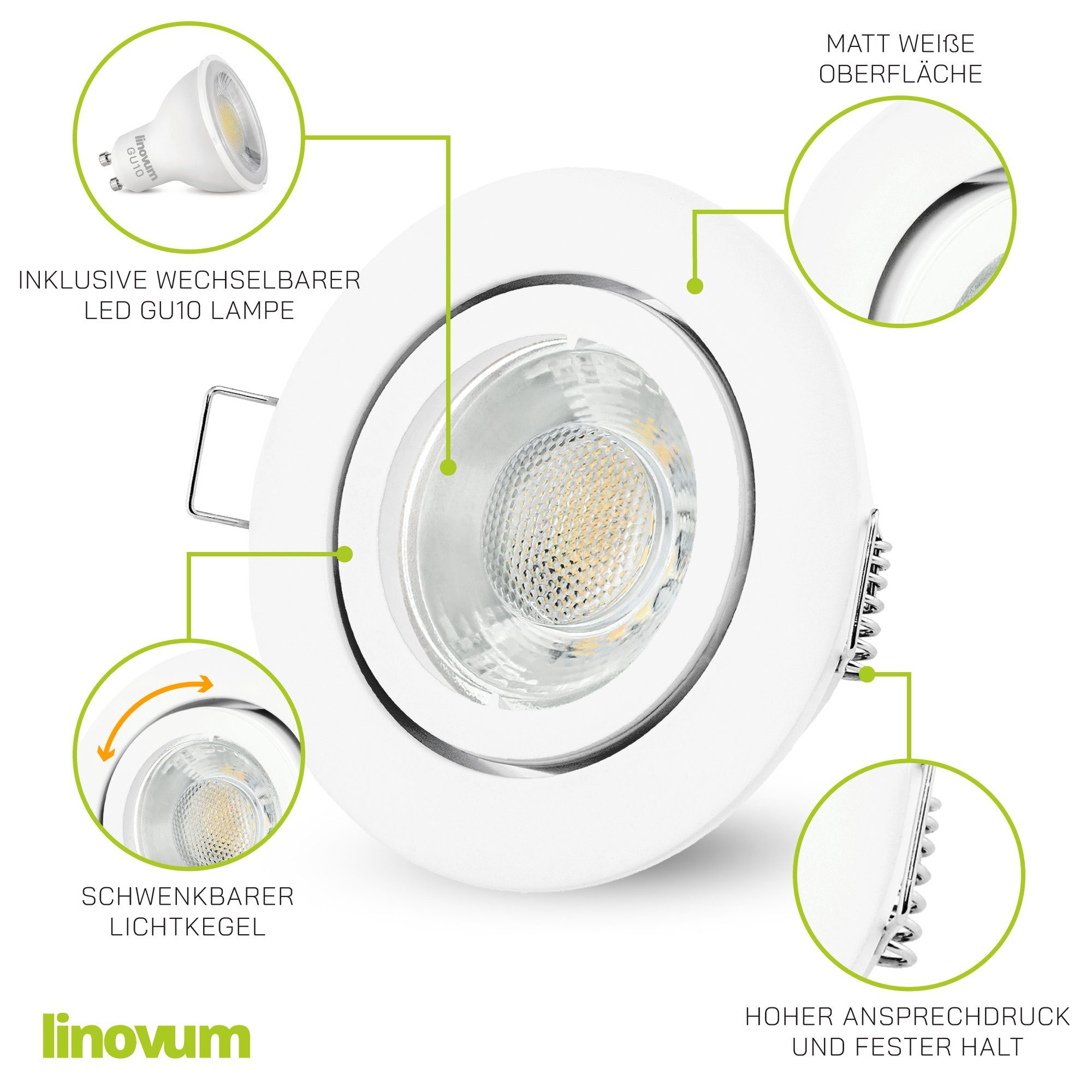 linovum LED Einbaustrahler 10 x Spot inklusive GU10, Leuchtmittel LED Einbaustrahler LED inkl. rund weiss schwenkbar inklusive, Leuchtmittel