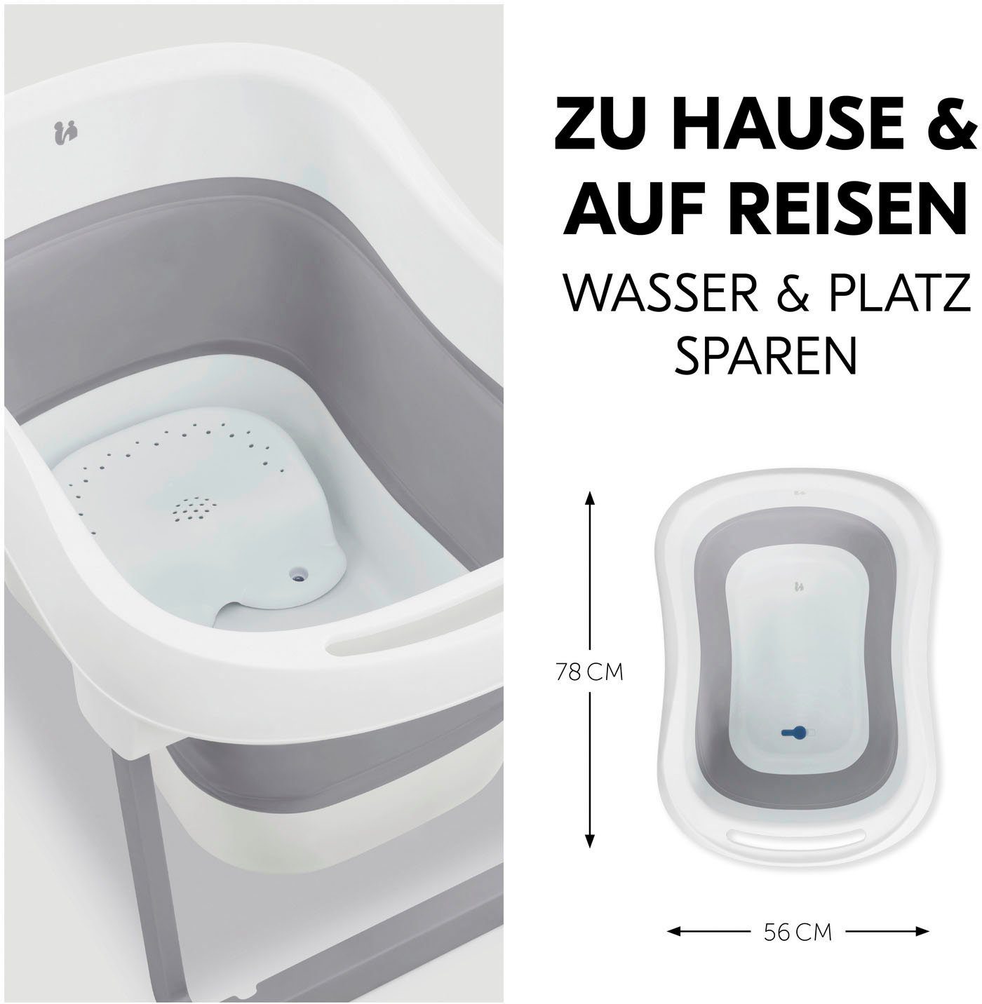 Hauck Babybadewanne Wash N Fold L, White/Stone, Faltbadewanne mit Wassertemperaturmessung am Ablaufstopfen
