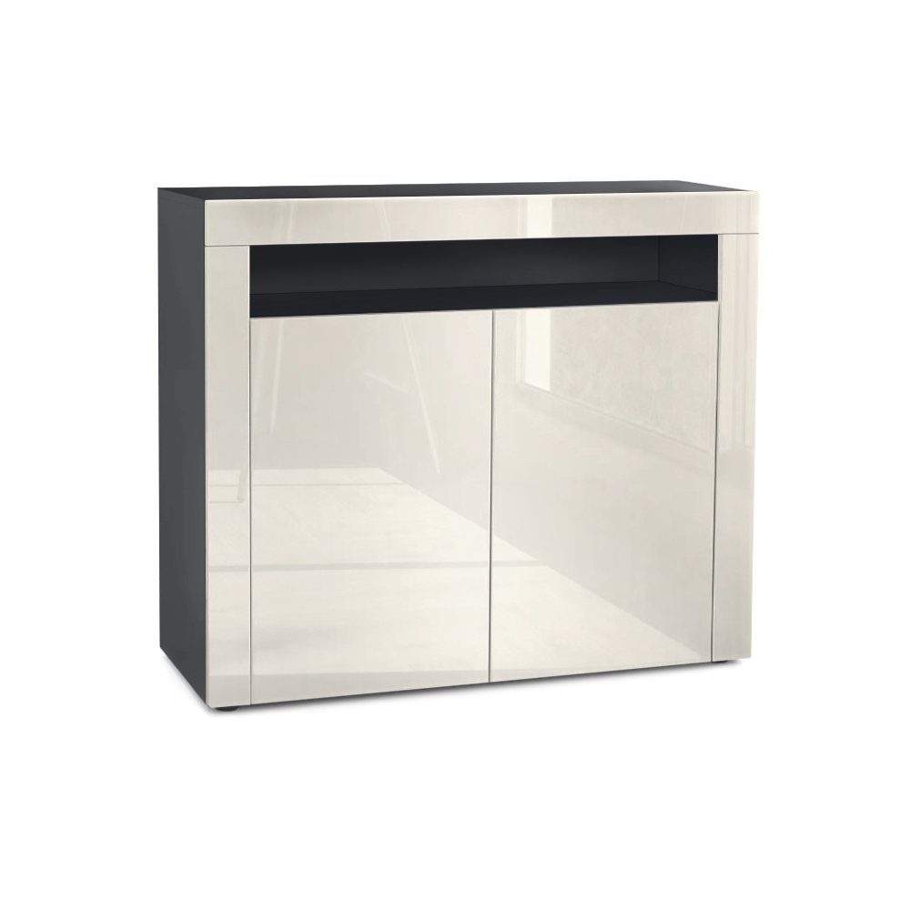 Vladon Kommode Valencia (Kommode, Sideboard mit 2 Türen und 1 offenem Fach), Schwarz matt/Creme Hochglanz/Creme Hochglanz (108 x 92 x 40 cm)
