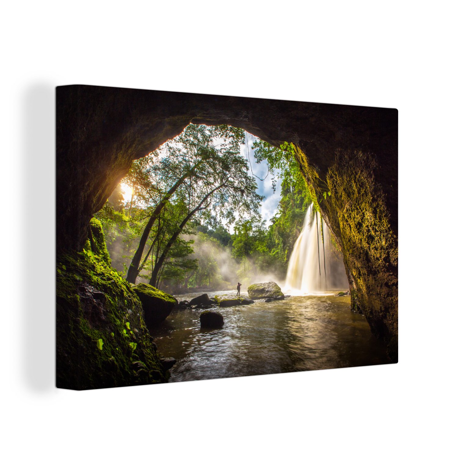 OneMillionCanvasses® Leinwandbild Durchsichtige Wasserfallhöhle - Bäume - Draußen, (1 St), Wandbild Leinwandbilder, Aufhängefertig, Wanddeko, 30x20 cm