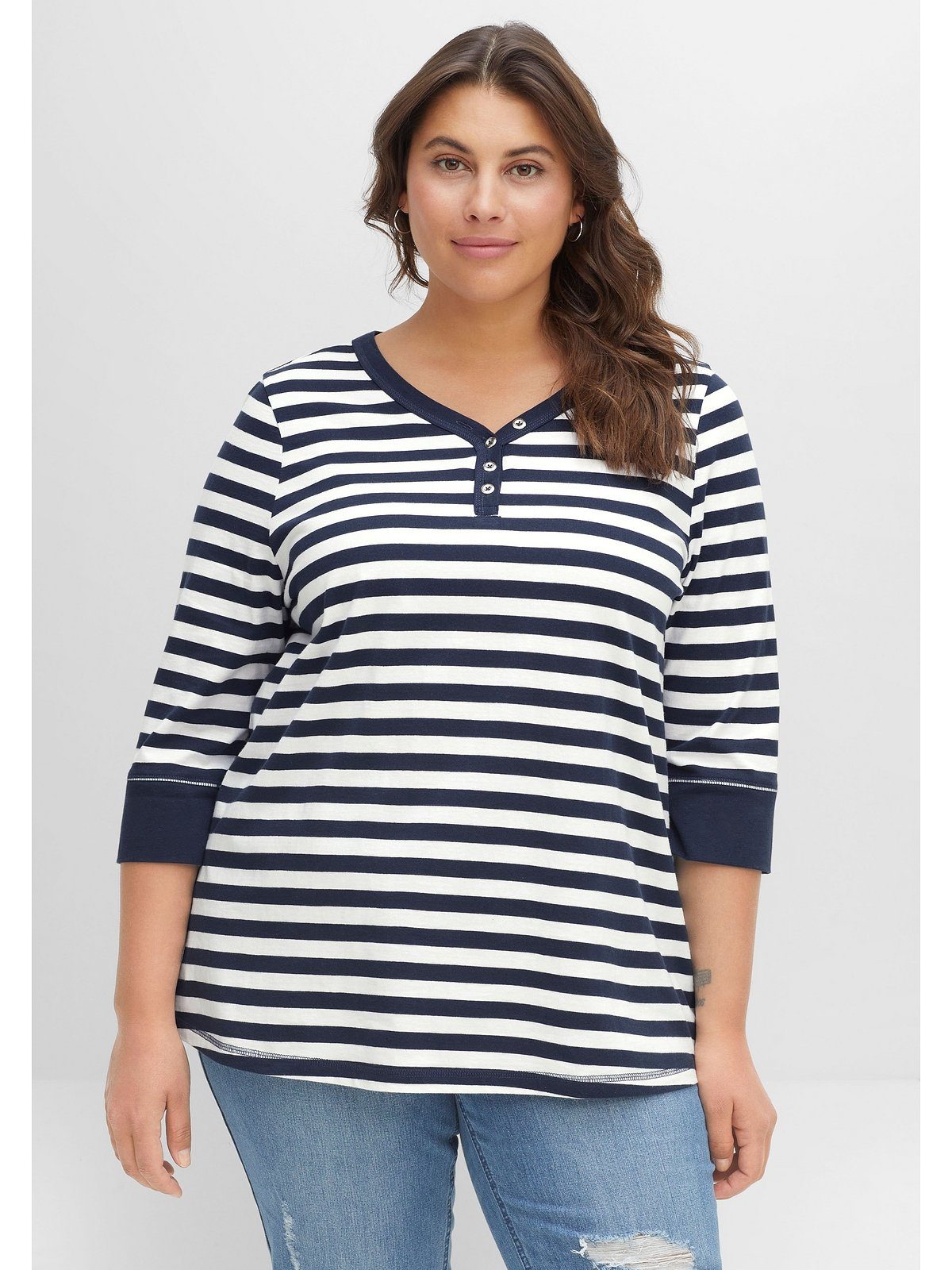 Sheego 3/4-Arm-Shirt Große Größen aus reiner Baumwolle nachtblau-weiß
