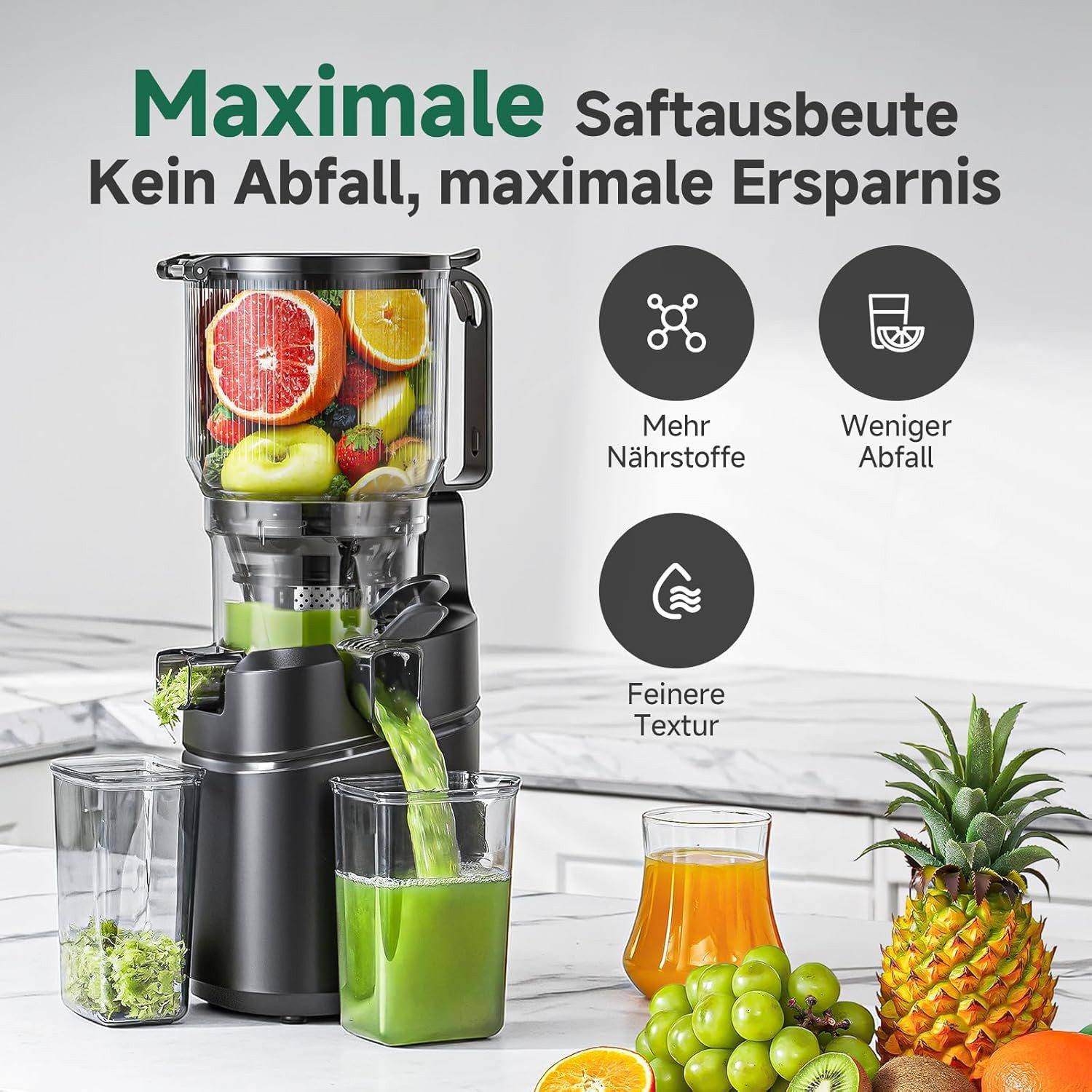 AMZCHEF Zentrifugenentsafter CE-SJ-03OT6C-BK, 250 W, 150MM Öffnung und 2L Kaltpress – Bild 4 von 5