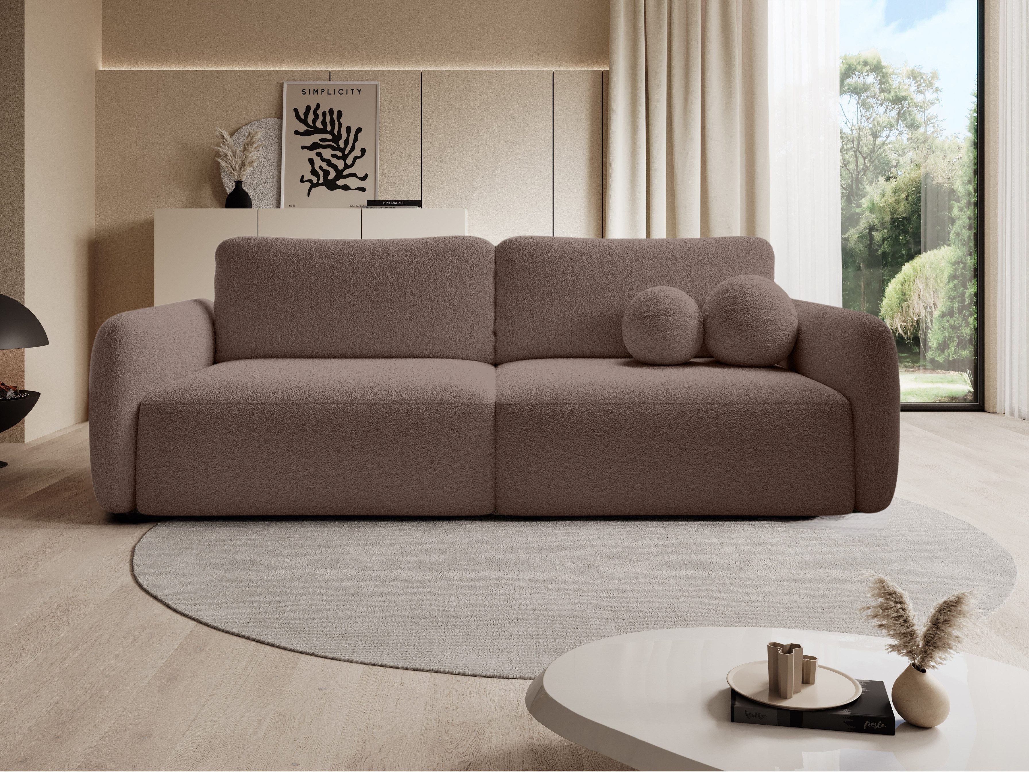 Goldstoff Schlafsofa Boo mit Bouclé-Stoff, Dekorative runde Kissen, ausziehbare Liegefläche