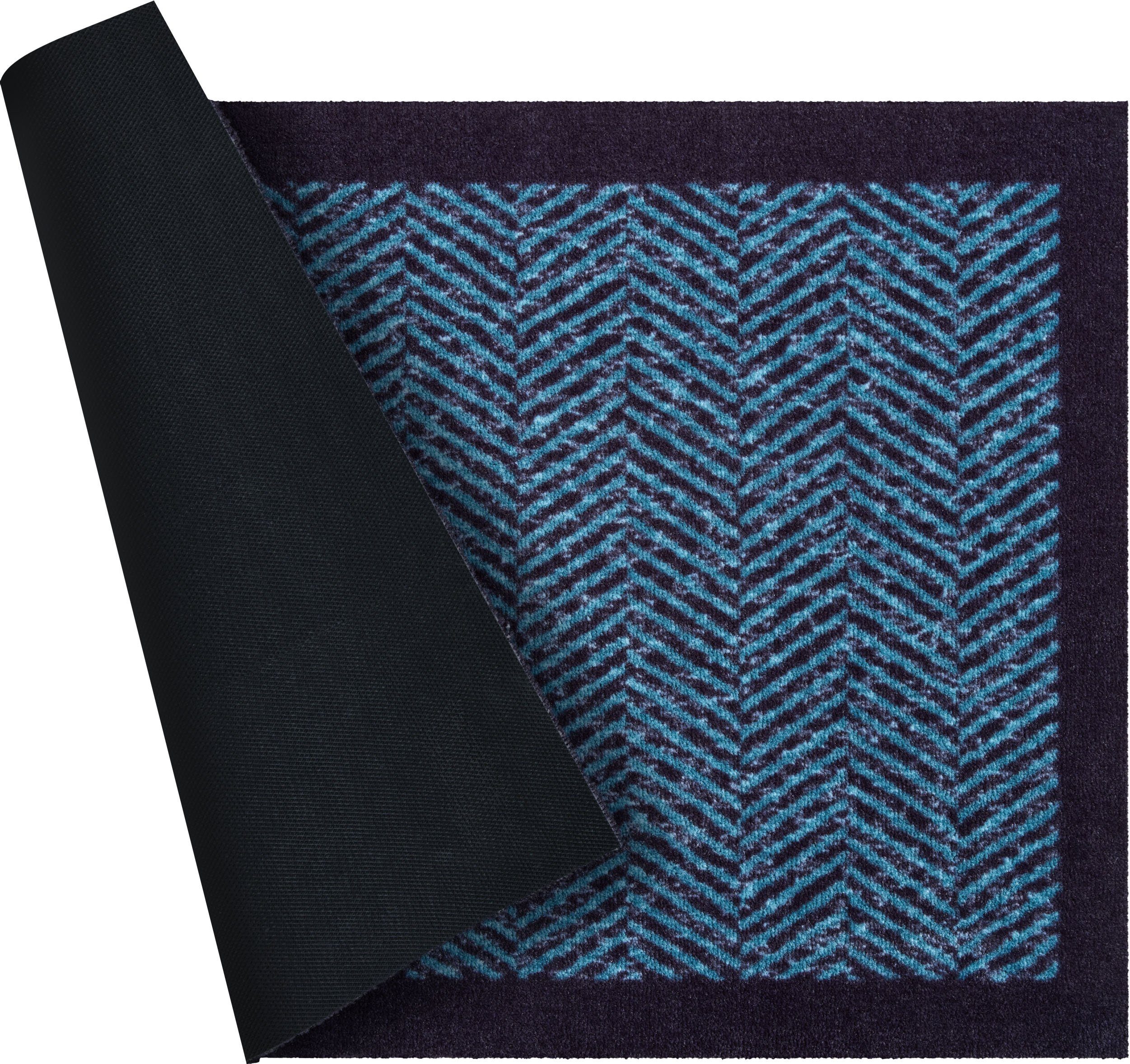 Fußmatte Herringbone, Grund, geeignet, 8 In- Bordüre, mm, türkis/blau mit Schmutzfangmatte Höhe: waschbar Outdoor und rechteckig