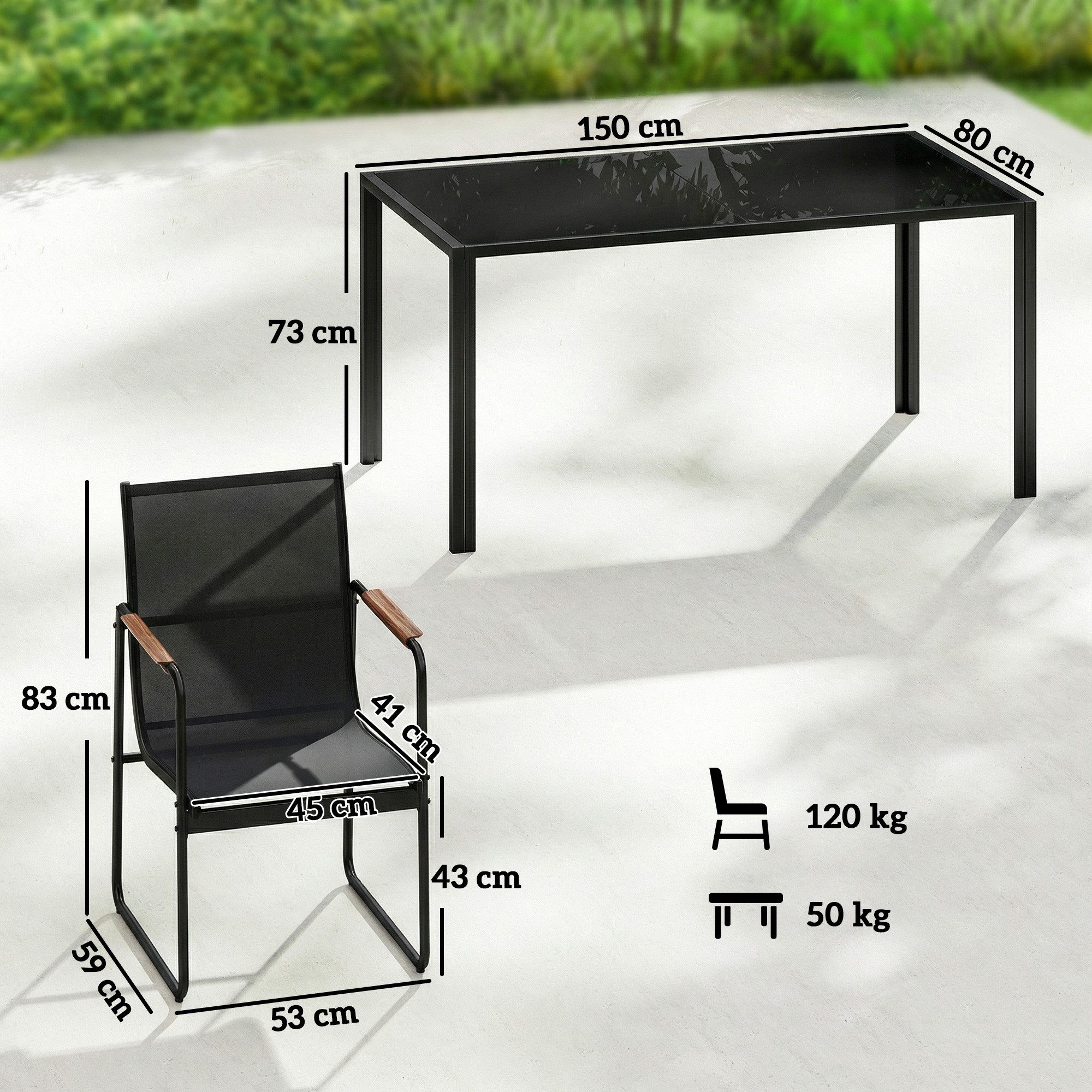 Outsunny Garten-Essgruppe Glastisch mit 6 Atmungsaktiven Stühlen, Dekorative Armlehnen, (Gartenset, 7-tlg., Gartenmöbel Set), bestehend aus 6 Sesseln und 1 Tisch