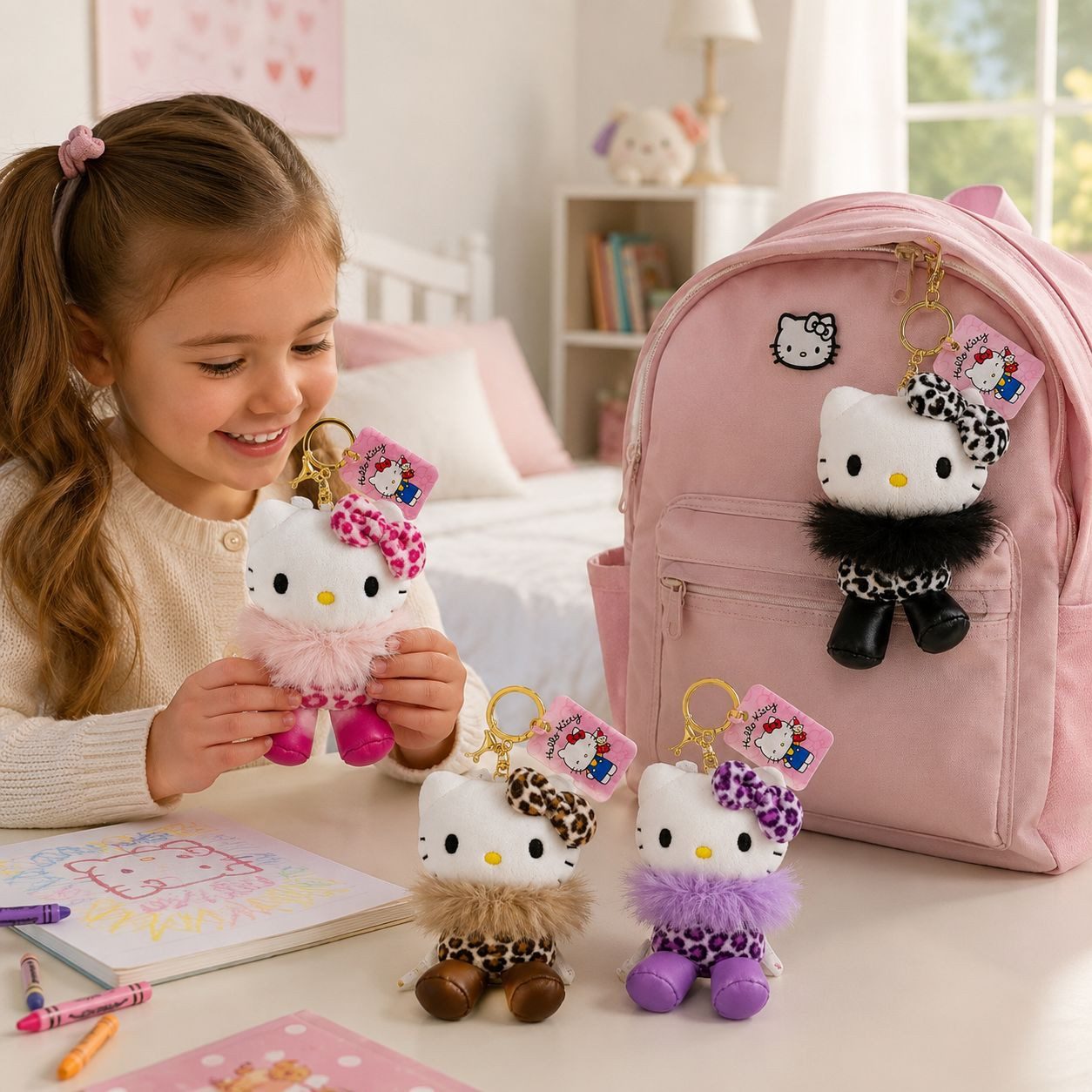 SANRIO Plüschanhänger Hello Kitty Bagclip Kuscheltier Plüsch braun Schlüsselanhänger 10cm (Set, 1-St., Plüschtier mit Anhänger), Weicher Taschenanhänger mit Leo-Design, Clip und Schlüsselring