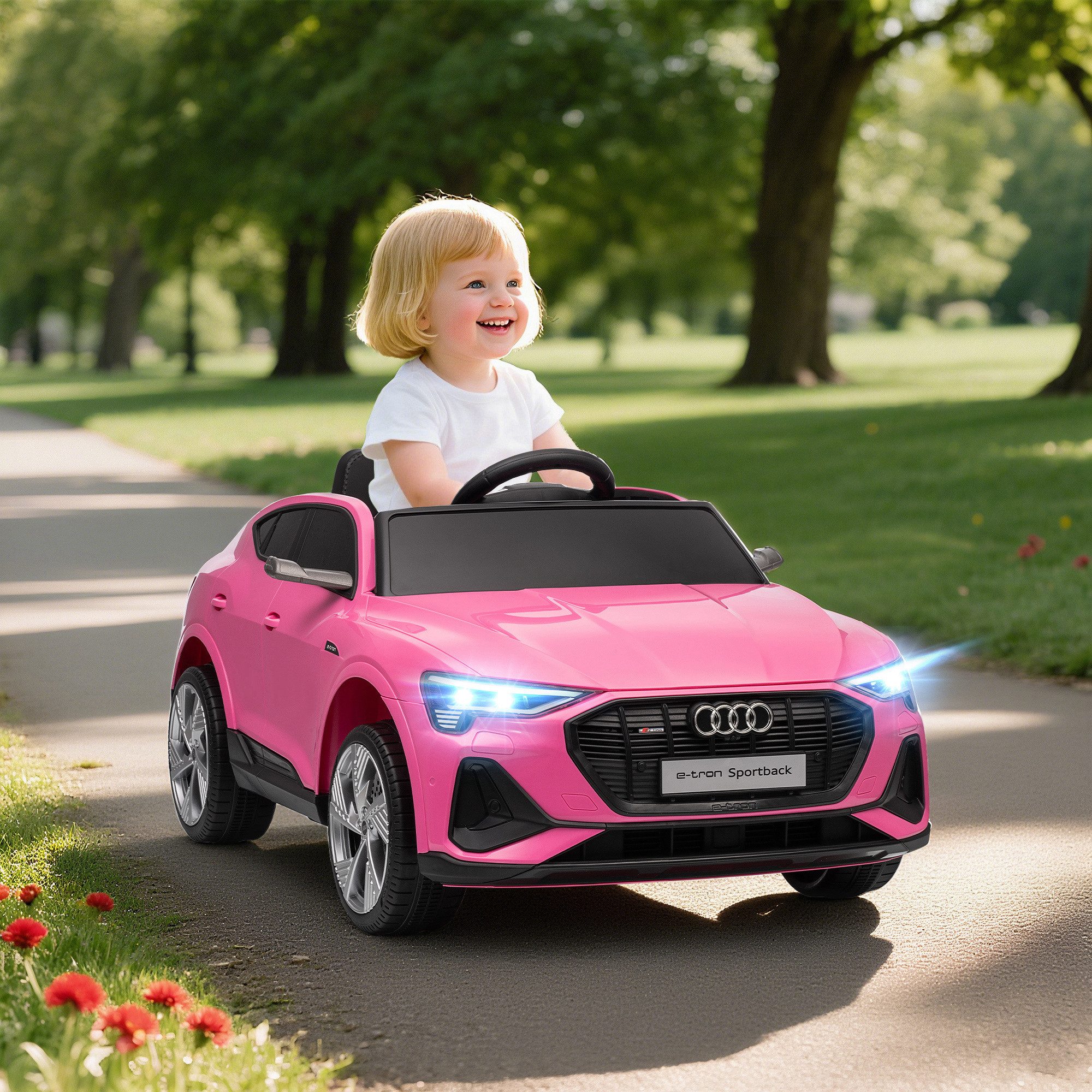 HOMCOM Elektro-Kinderauto mit Fernbedienung, Sicherheitsgurt, Musik, Belastbarkeit 25 kg, (1-tlg), für Außenbereich, Rosa