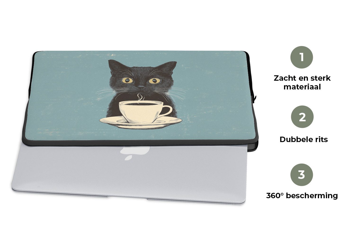 MuchoWow Laptop-Hülle Katze - Schwarz - Kaffee - Minimalistisch 14 Zoll, Schutzhülle für Laptop, Schutz gegen Kratzern, Laptoptasche – Bild 4 von 5