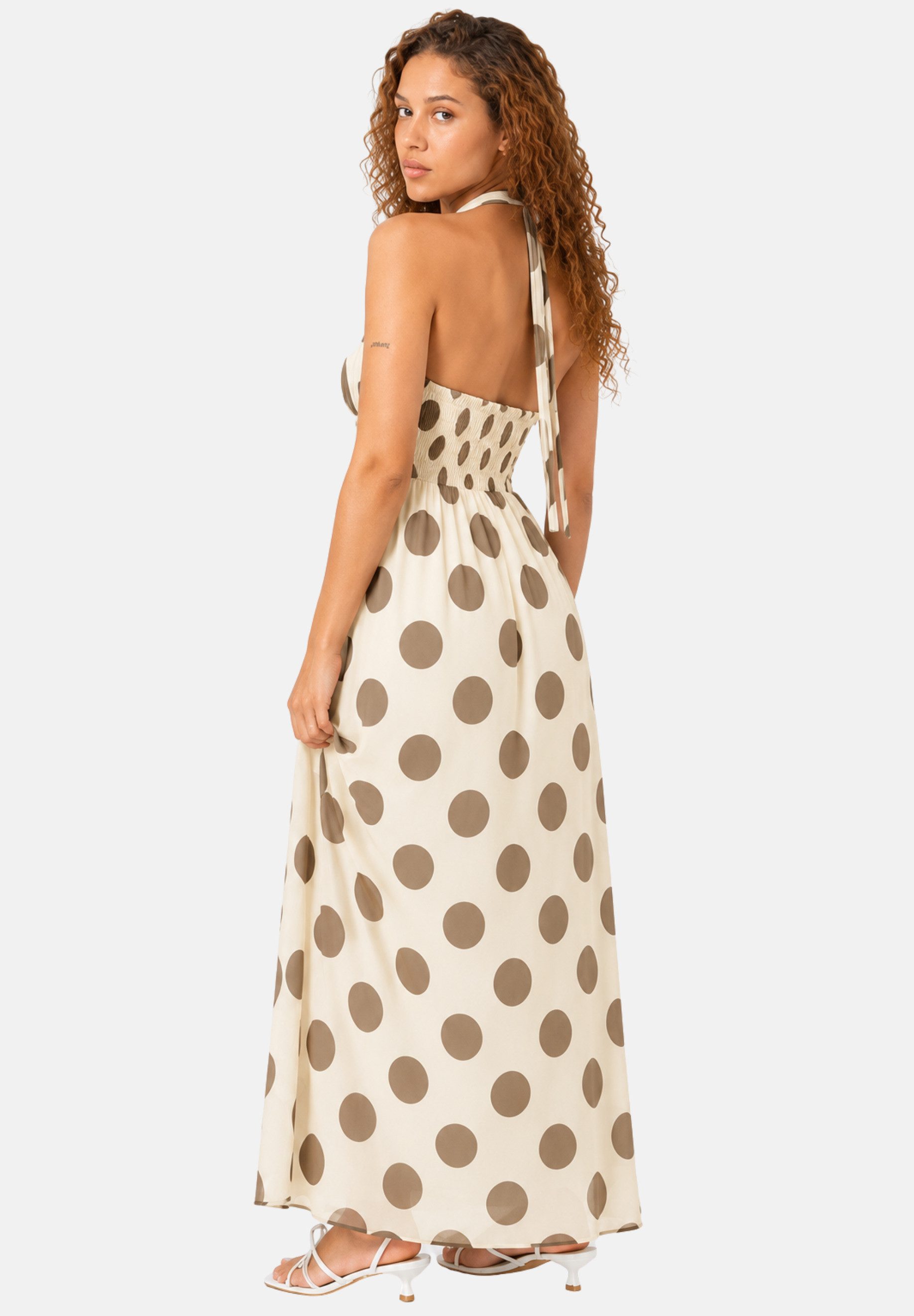 Elara Maxikleid Damen — Sommerkleid im Polka Dot Look mit Neckholder und V-Ausschnitt (1-tlg)