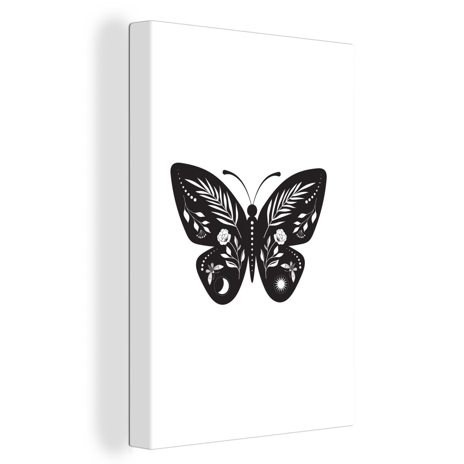 cm mit St), auf Zackenaufhänger, Kunst 20x30 verzierten Leinwandbild OneMillionCanvasses® einem weißem, Leinwandbild fertig Gemälde, inkl. (1 bespannt Schmetterling Moderne