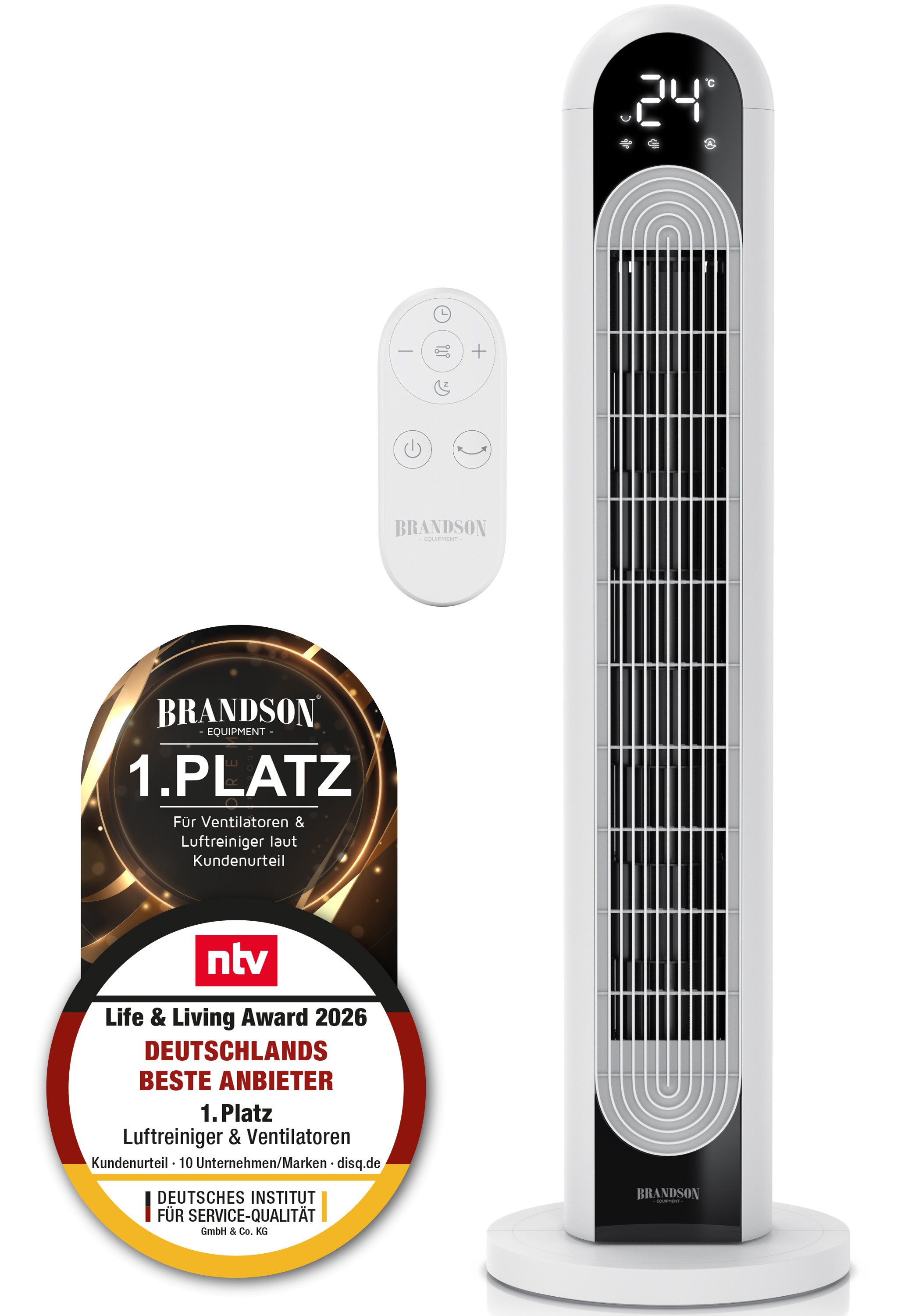 Brandson Turmventilator Fernbedienung, Säulenventilator 109cm, DC-Motor, NTV Sieger 2026, Oszillation, Timer, Standventilator, mobiler Lüfter, 12 Stufen, 4 Modi
