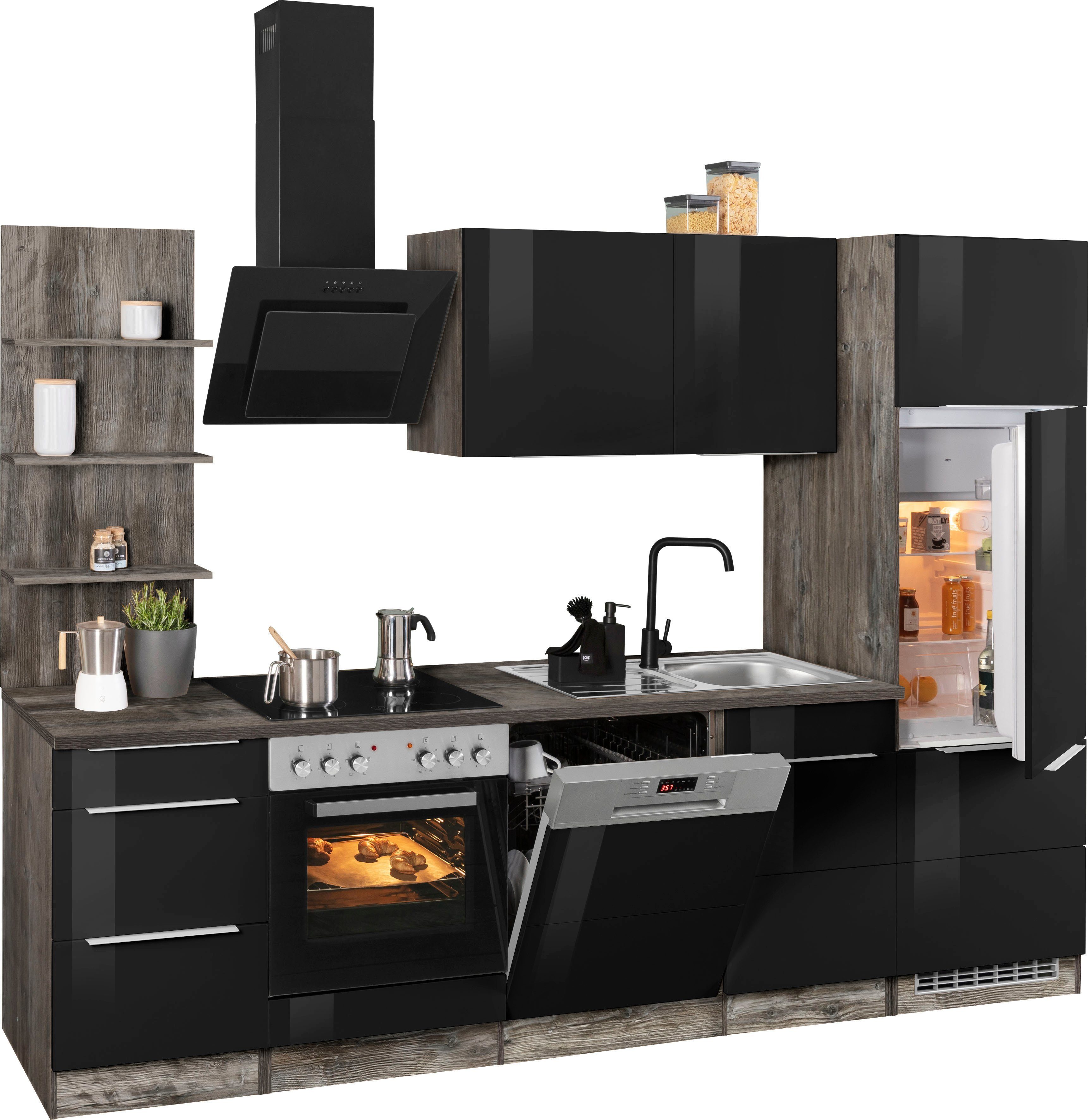 HELD MÖBEL Küchenzeile Brindisi, mit Breite cm 280 schwarz vintage E-Geräten, eiche Hochglanz/eiche vintage 
