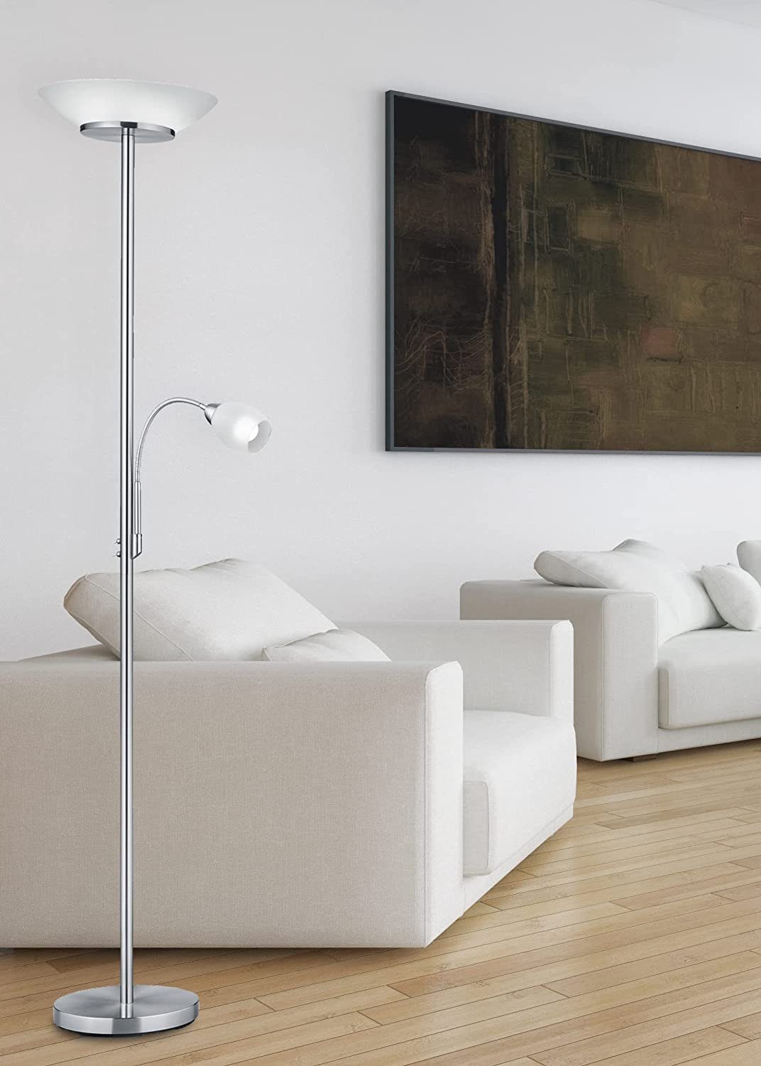 lightling Deckenfluter Klaus, Lichtquellen getrennt schaltbar, ohne Leuchtmittel, mit flexibler Leselampe, 180 cm hoch, nickel, Leuchtmittel tauschbar