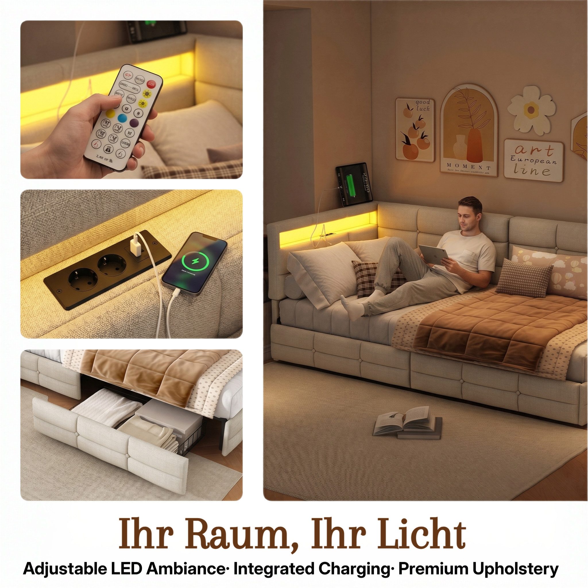 Simurq Polsterbett Daybett mit LED-Beleuchtung & USB, Tagesbett Jugendbett (1-tlg., in 2 Größen verfügbar), Schlafsofa Sofabett mit 2 Schubladen – Bild 4 von 5