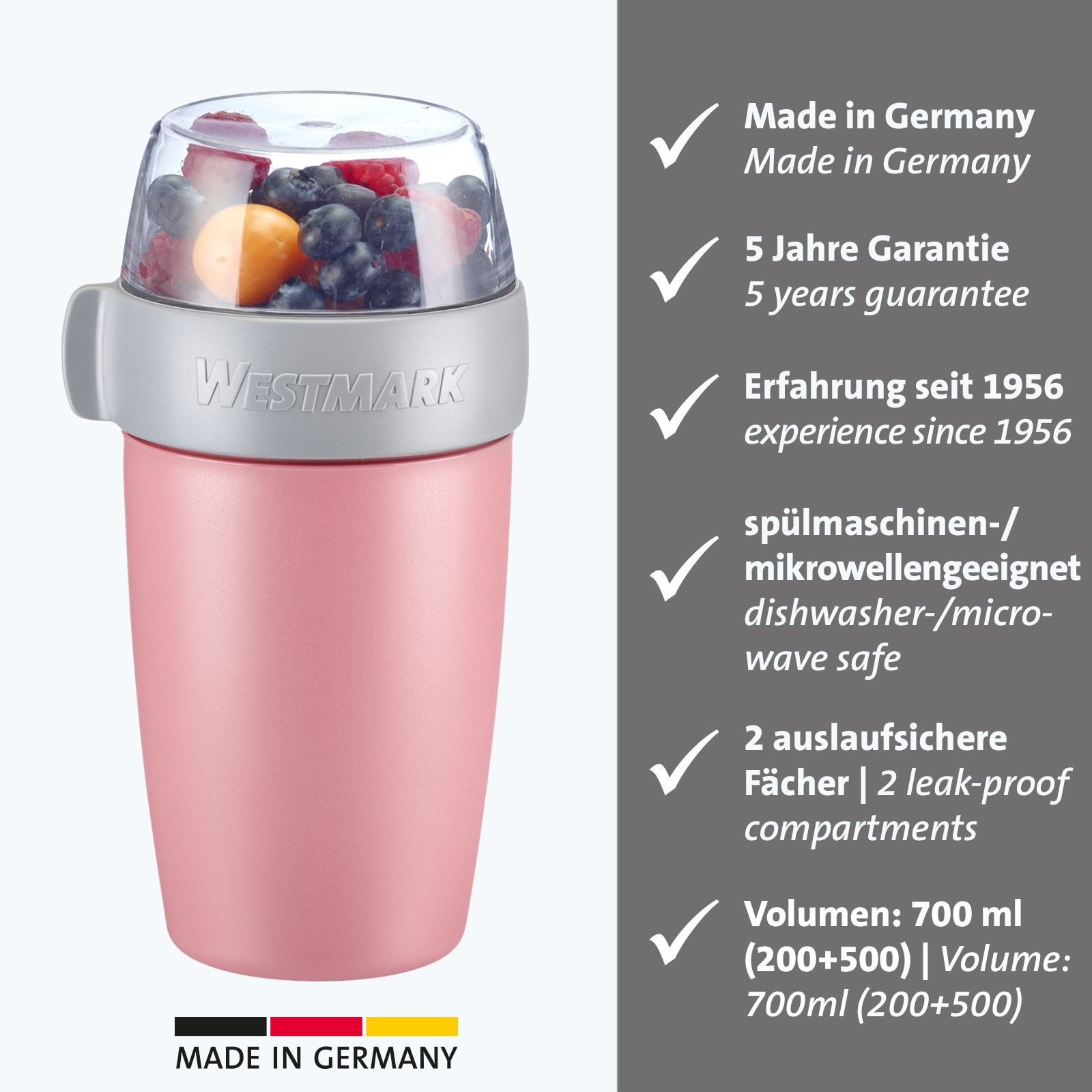 WESTMARK Mehrwegbecher, Kunststoff, (1-tlg), Joghurt-, Müsli-, Lunchbehälter, To Go, 200 + 500 ml, Made in Germany