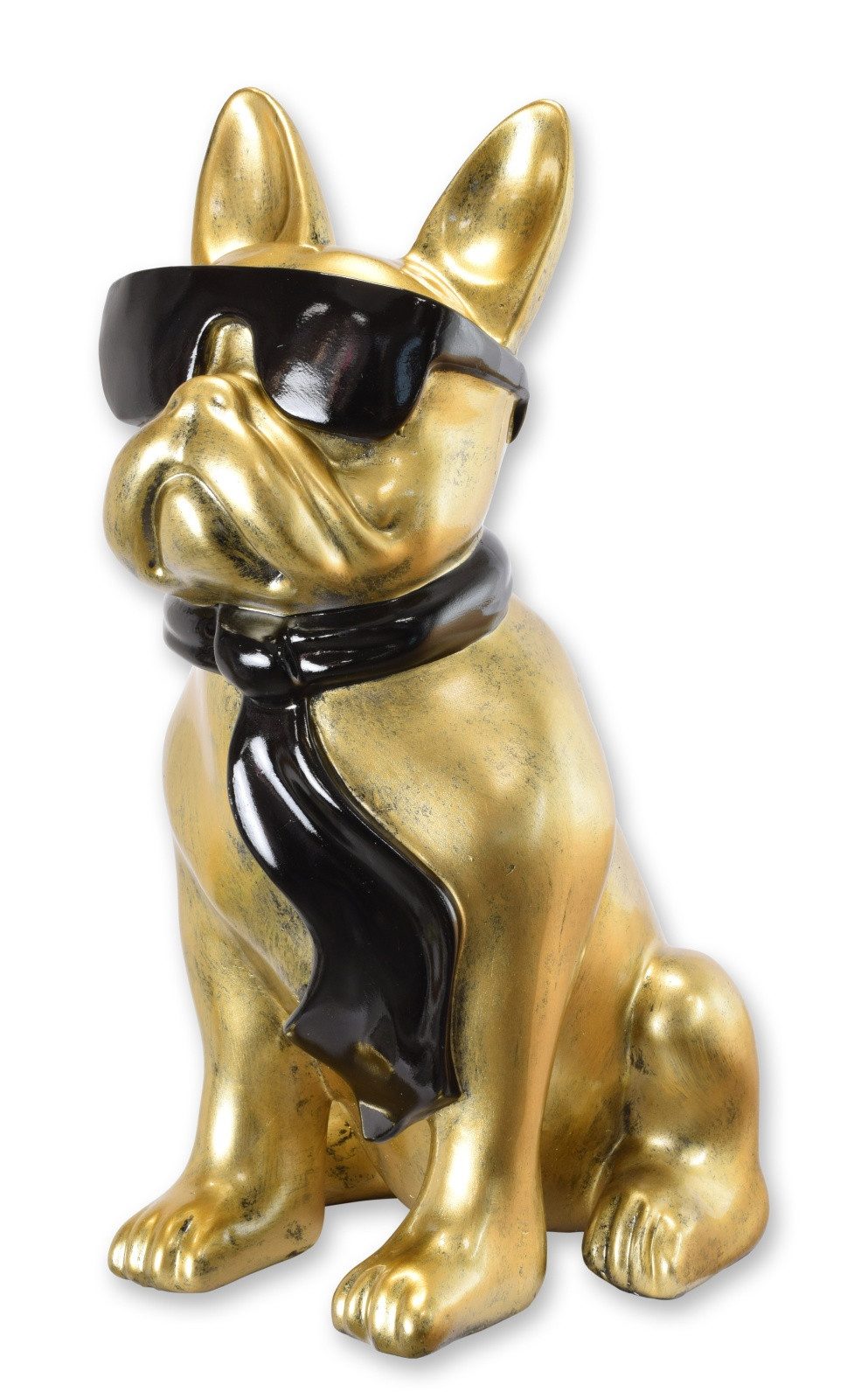 Aubaho Dekoobjekt Bulldogge aus Kunstharz mit Sonnenbrille und Krawatte – goldfarben Rep