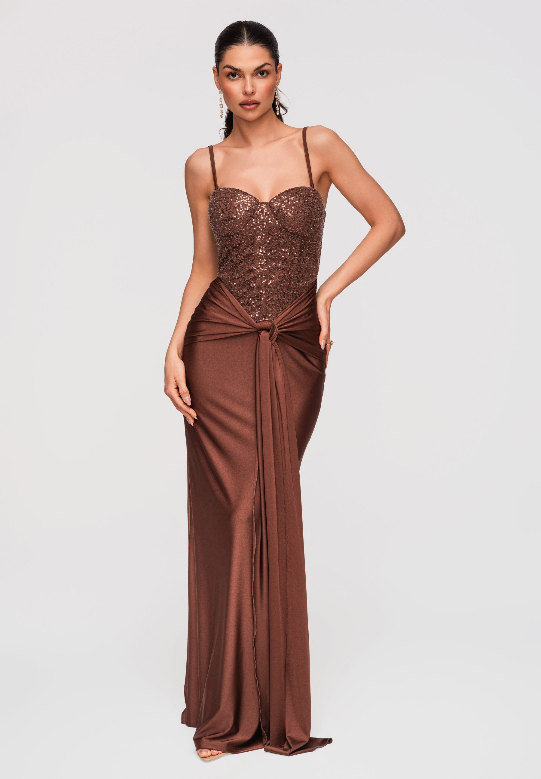 OMBRE Abendkleid Maxikleid mit Pailletten und Korsett-Optik Braun M (kein Set, 1-tlg) Drapierter Bund mit Knoten