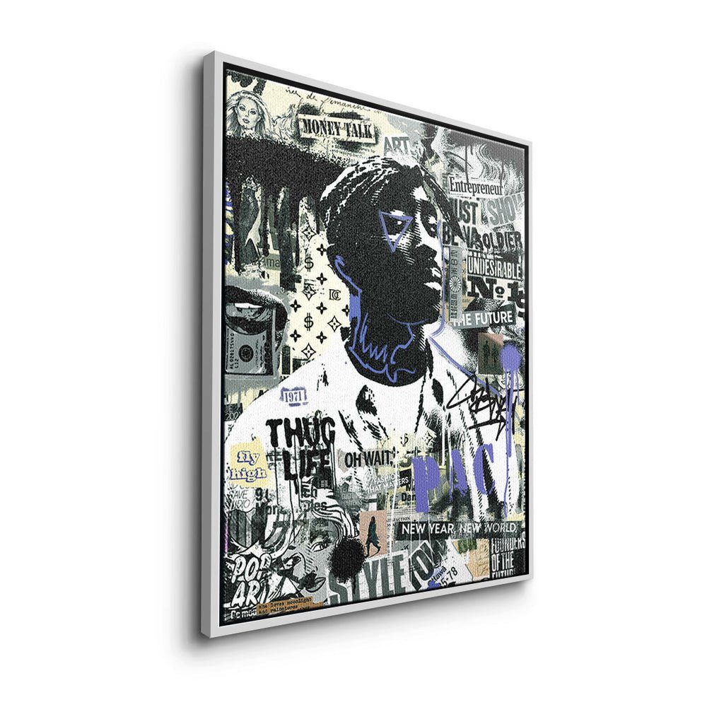 - Tupac DOTCOMCANVAS® goldener Motivationsbild Premium Leinwandbild, Streetart - Rahmen