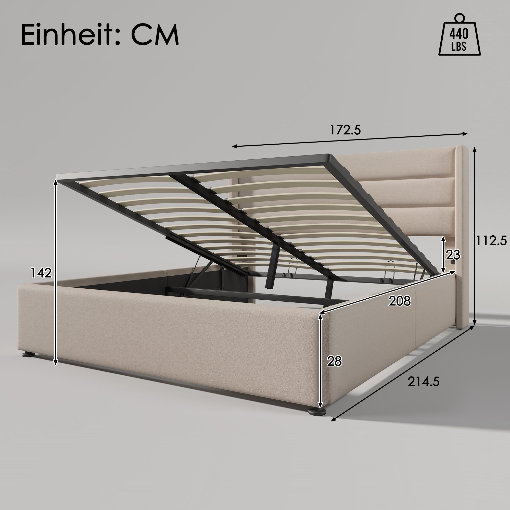Boxspringbett (Funktionsbett, Doppelbett Hydraulisches Bett mit Lattenrost und Matratze), Polsterbett Stauraumbett 160x200 cm, Lattenrost aus Holz, Leinen