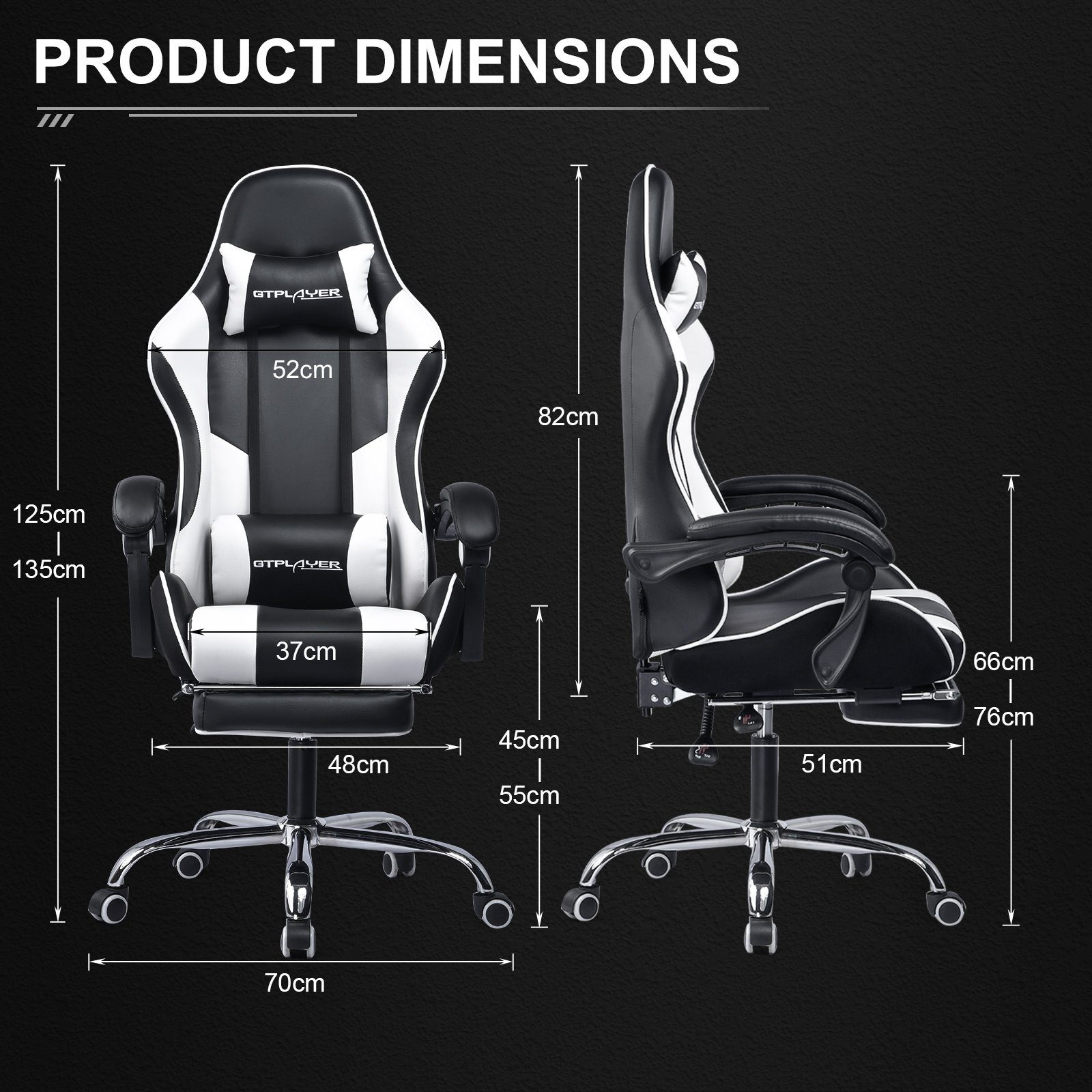 GTPLAYER Gaming-Stuhl mit Fußstütze und belastbar, Massage-Lendenkissen bis Verbindungsarmlehnen mit Stuhl, Zocker Rückenlehne 120kg Bürostuhl Hohe WHITE