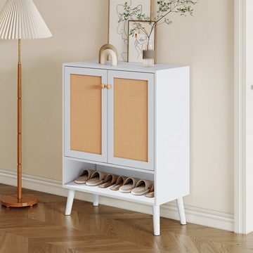 REDOM Schuhschrank Sideboard (aus natürlichem Rattan mit 2 Türen und 5 Regalböden, Massivholzbeinen)