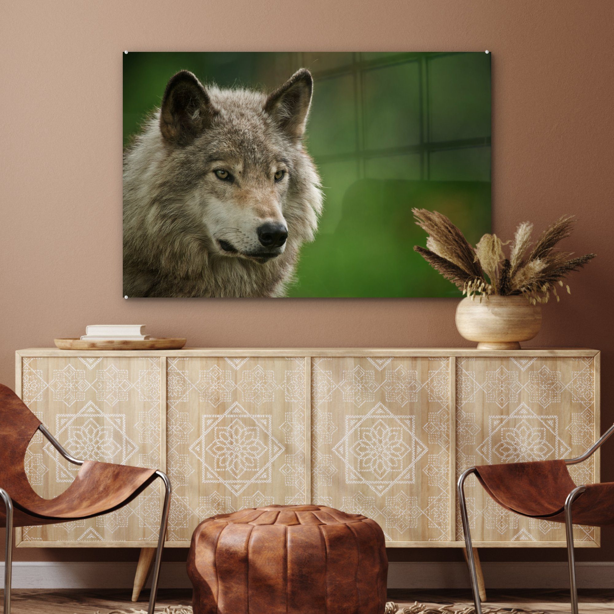 (1 Grau Schlafzimmer - St), Wolf Fell, Acrylglasbilder - Wohnzimmer MuchoWow & Acrylglasbild