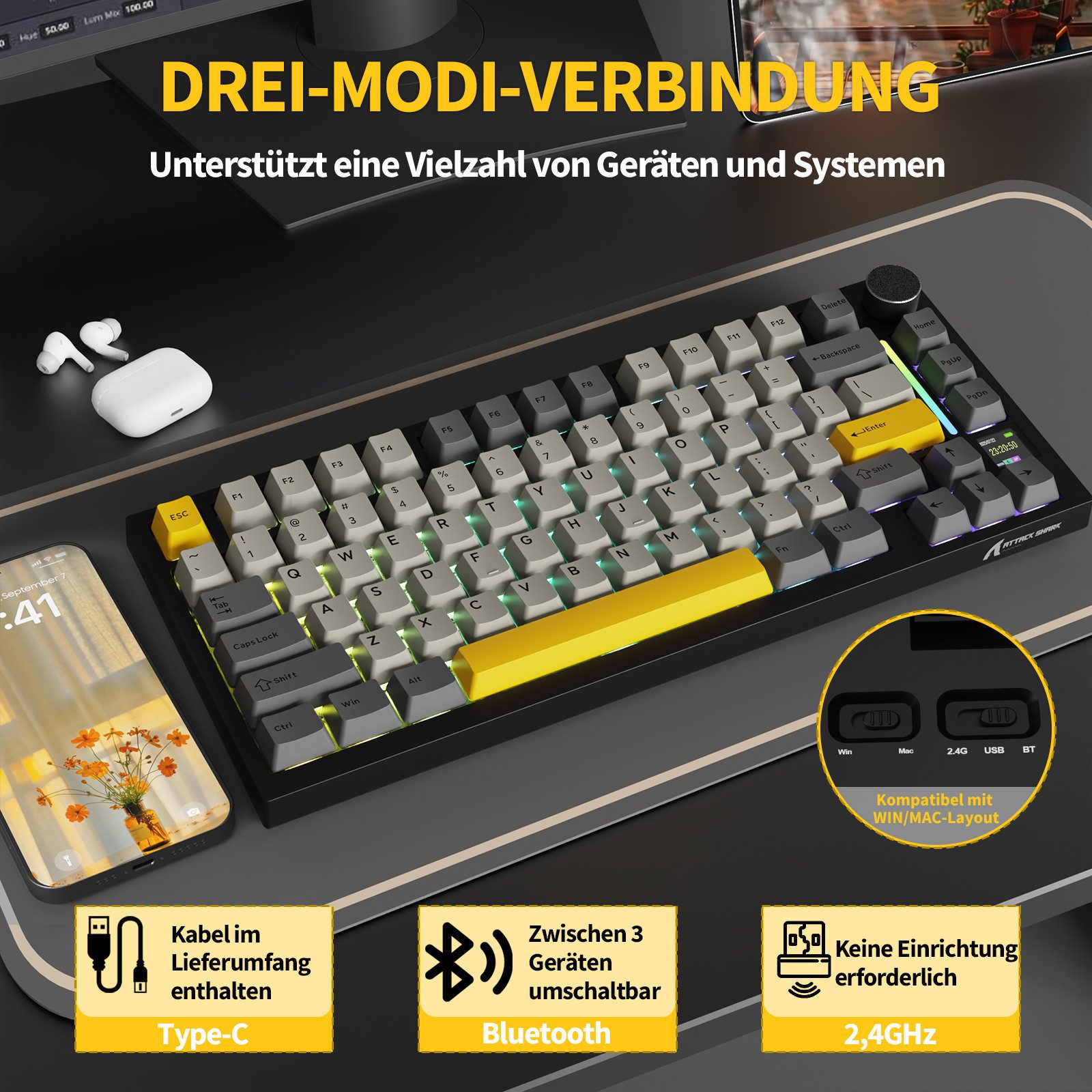 ATTACK SHARK X820 Ultra Mechanische Tastatur mit,75% ANSI-Layout, 2,4 GHz/BT/Wired Gaming-Tastatur (Gasket,TFT-Bildschirm und Knopf,5 Sound-Absorbing Foams,Hot-Swap)