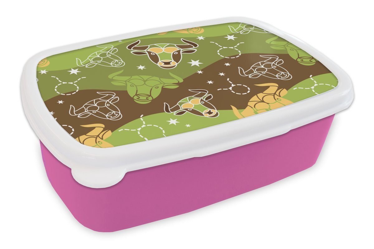 MuchoWow Lunchbox Stier Muster, (2-tlg), - Grün Snackbox, - für Brotdose - Tierkreiszeichen Kunststoff Kunststoff, Erwachsene, Kinder, Mädchen, rosa Brotbox