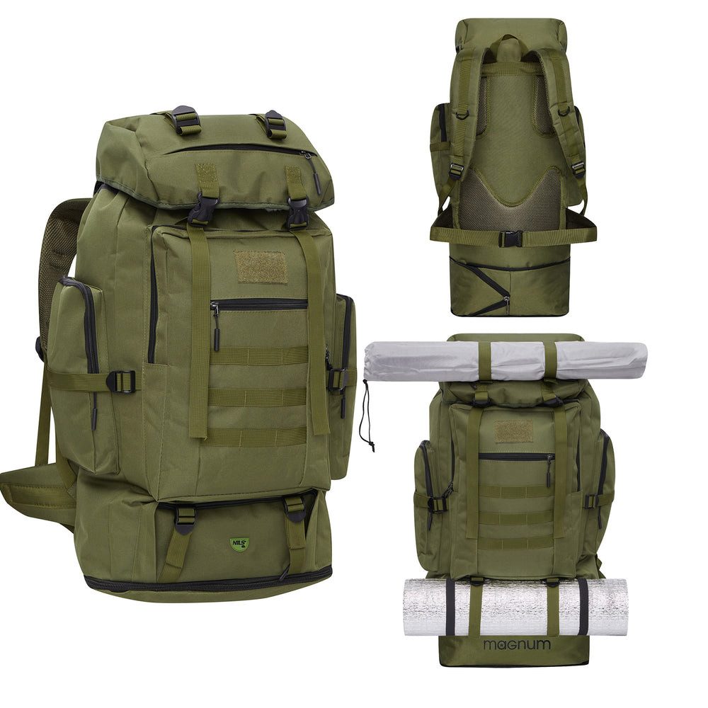 NILS CAMP Trekkingrucksack Militärrucksack Reiserucksack Outdoorrucksack (Spar-Set, 1-tlg., 75-90 x 41 x 30 cm), 100 l, 5 Fronttaschen, MOLLE-Panel, verkürzbar