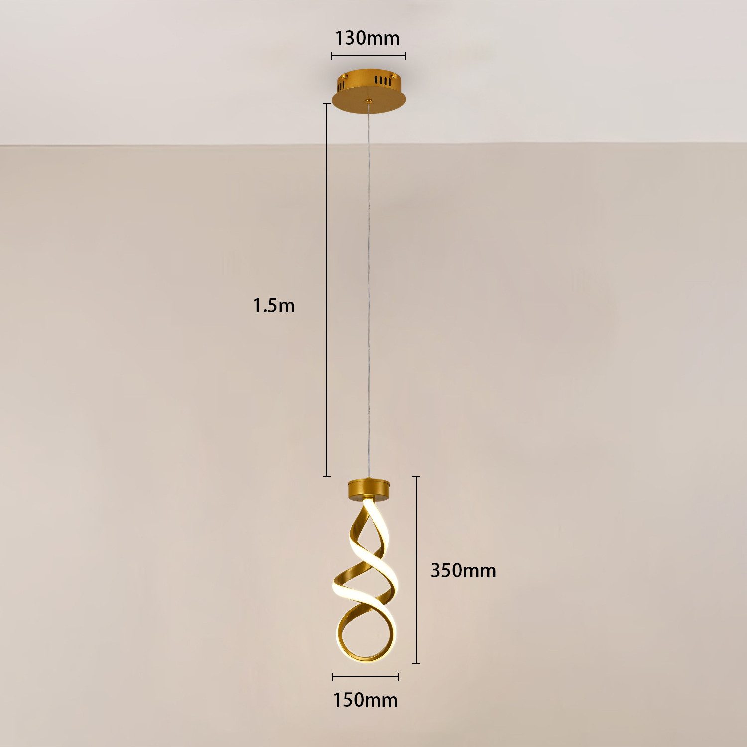 JDONG Pendelleuchte Moderne LED Hängeleuchte Spirale 150cm Höhenverstellbar, LED fest integriert, 3000K Warmweiß, Gold/Schwarz, 35H*15D Hängeleuchte für Esszimm – Bild 4 von 5
