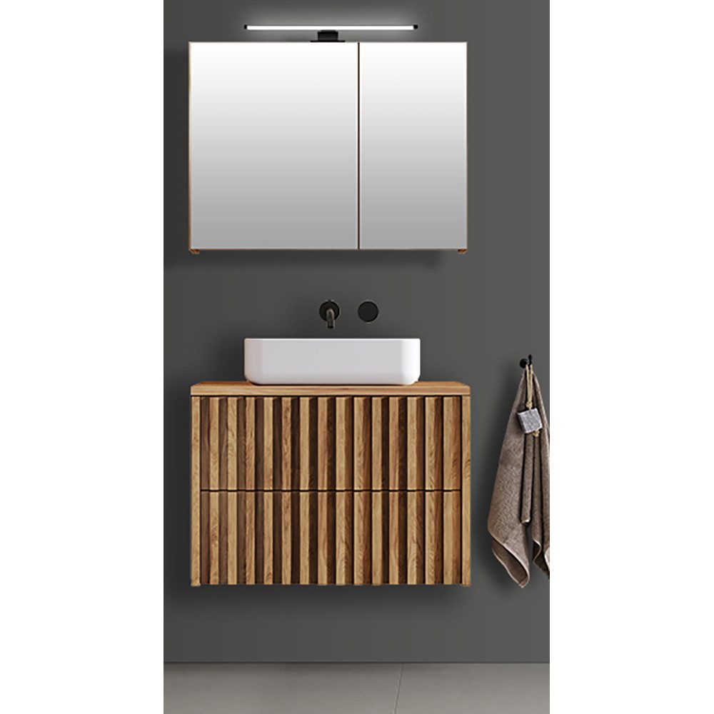Lomadox Badmöbel-Set DESIO-107, (Spar-Set, 2-St., Waschtisch LED-Spiegelschrank), in Eiche Nb. mit Lamellenfront, griffloses Design, Softclose