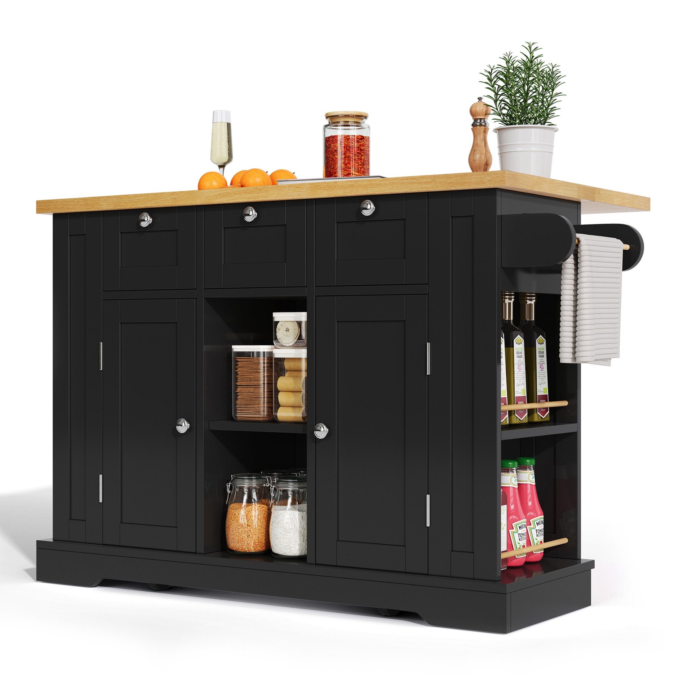 autolock Kücheninsel Mobile Küchenwagen mit klappbarer Arbeitsplatte und Steckdose mit USB, Küchentisch für Küchen und Esszimmer Holzoptik