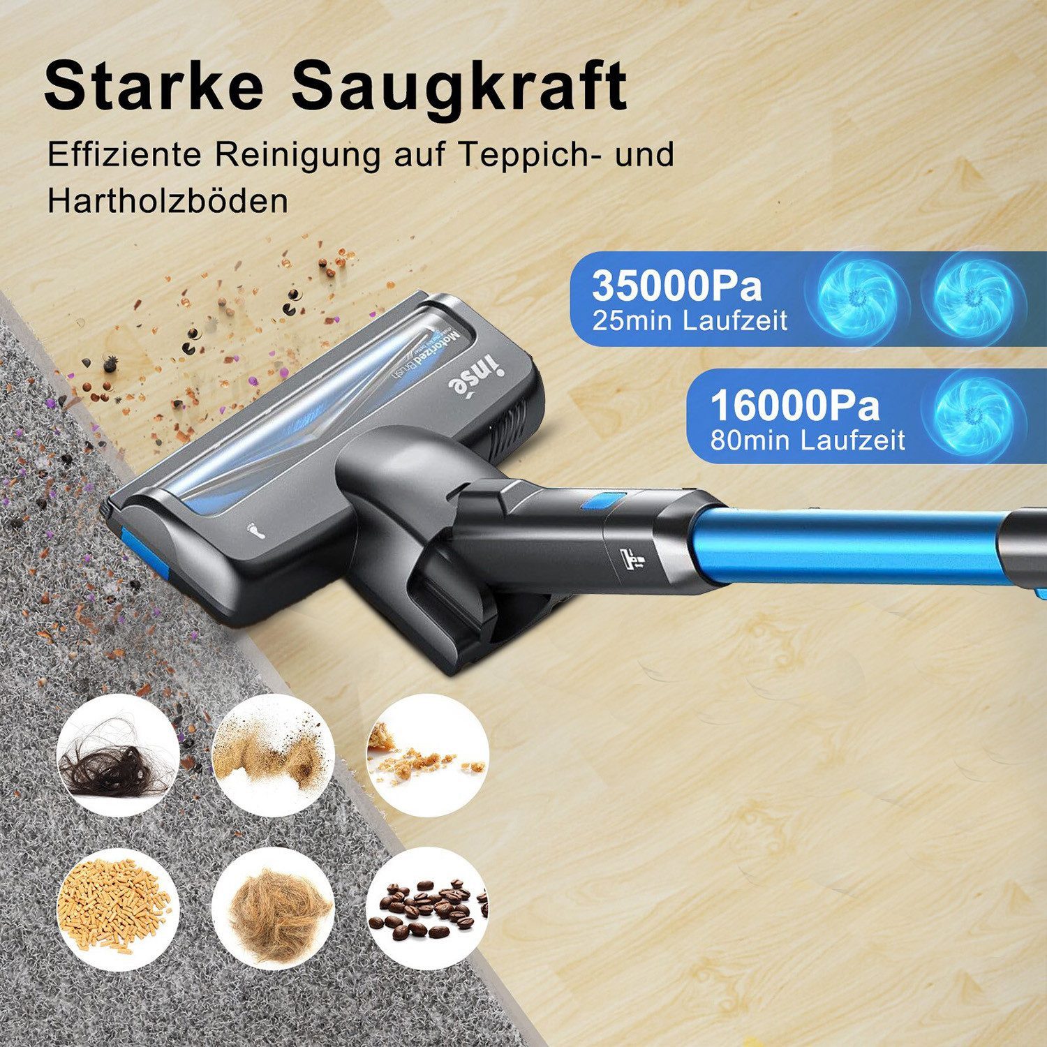 INSE Akku-Hand-und Stielstaubsauger 50000Pa,AkkuStaubsauger 60 Minuten, 1.2L,3 HEPA Filter Akkusauger, Akku Staubsauger, LED-Anzeige,3 Saugstufen,Handstaubsauger Kabelloser