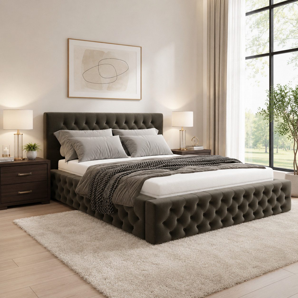 Goldstoff Stauraumbett Samtbezug - Polsterbett mit gesteppter Rückenlehne (Bett mit großen gepolstertem Kopfteil, mit Bettkasten zum aufklappen, Polsterbett), mit gepolstertem Kopfteil, Doppelbett- verfügbar 140x200 160x200 180x200 200x200cm), Verfügbar in 4 Größen - Chesterfield Stil – Modern & Elegant