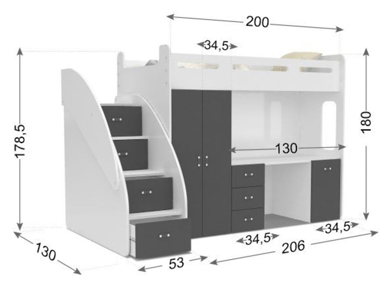 thematys Etagenbett 80x200cm mit Treppe, Schrank und Schreibtisch Hochglanz (für Jungen und Mädchen, Jugendbett, Kleiderschrank, Kinderzimmer, 3 in 1, 180cm x 1 – Bild 5 von 5