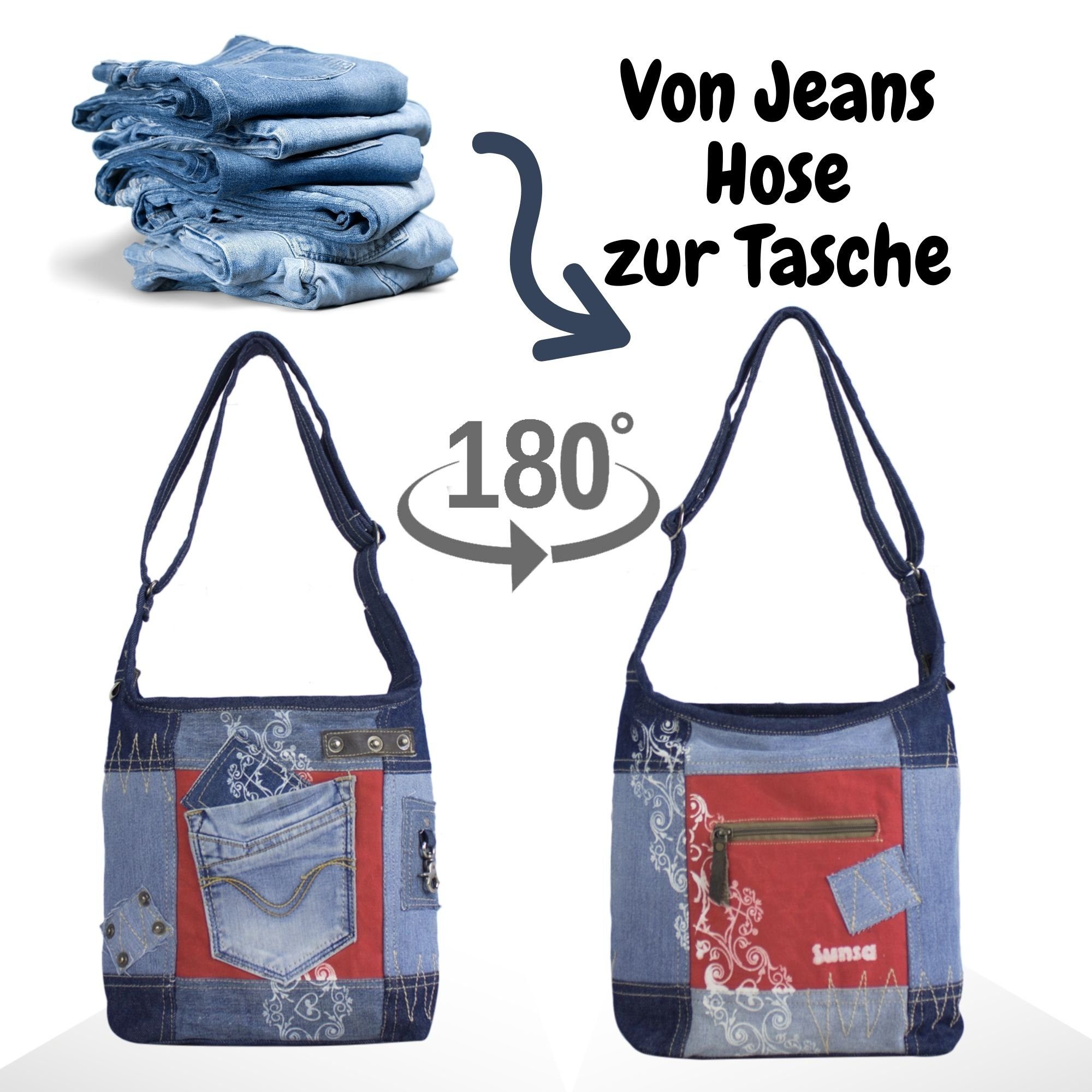 Vintage in Canvas. Aus und Jeans design., Umhängetasche Materialien Tasche aus Sunsa recycelten Schultertasche Rote recycelte Hobo Retro